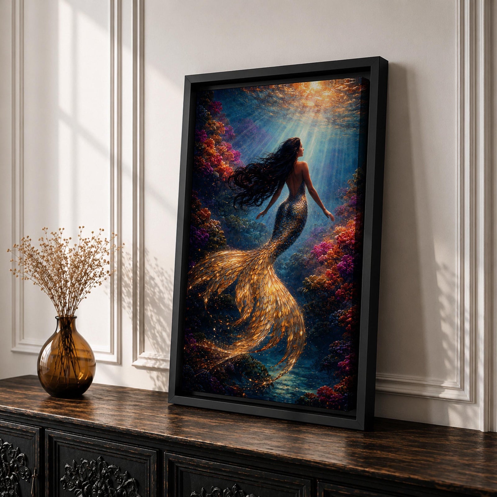 Mermaid Wall Art Golden Scales Framed Canvas Coral Reef Siren Underwater Fantasy Coastal Decor