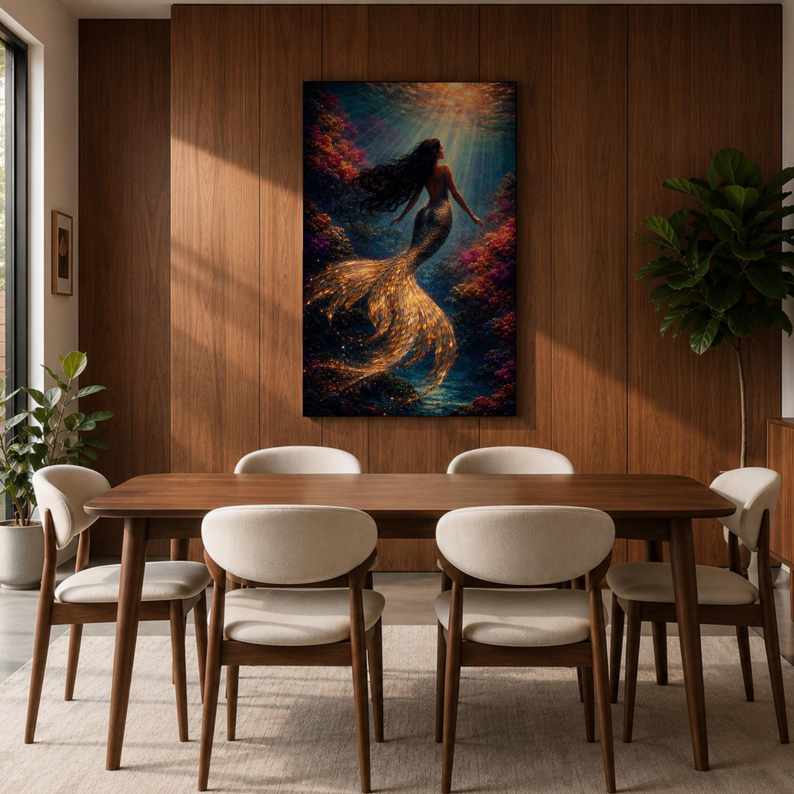 Mermaid Wall Art Golden Scales Framed Canvas Coral Reef Siren Underwater Fantasy Coastal Decor