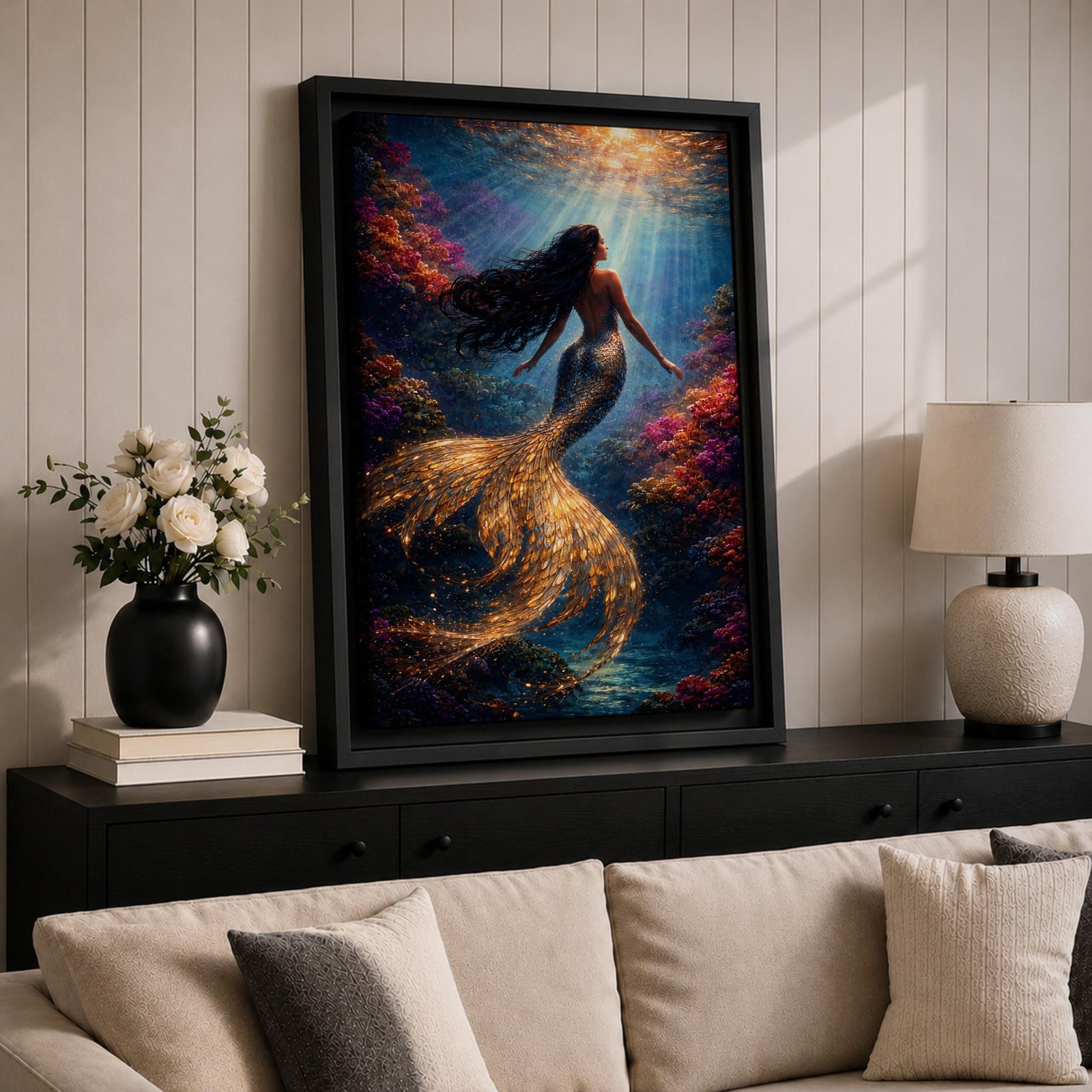 Mermaid Wall Art Golden Scales Framed Canvas Coral Reef Siren Underwater Fantasy Coastal Decor