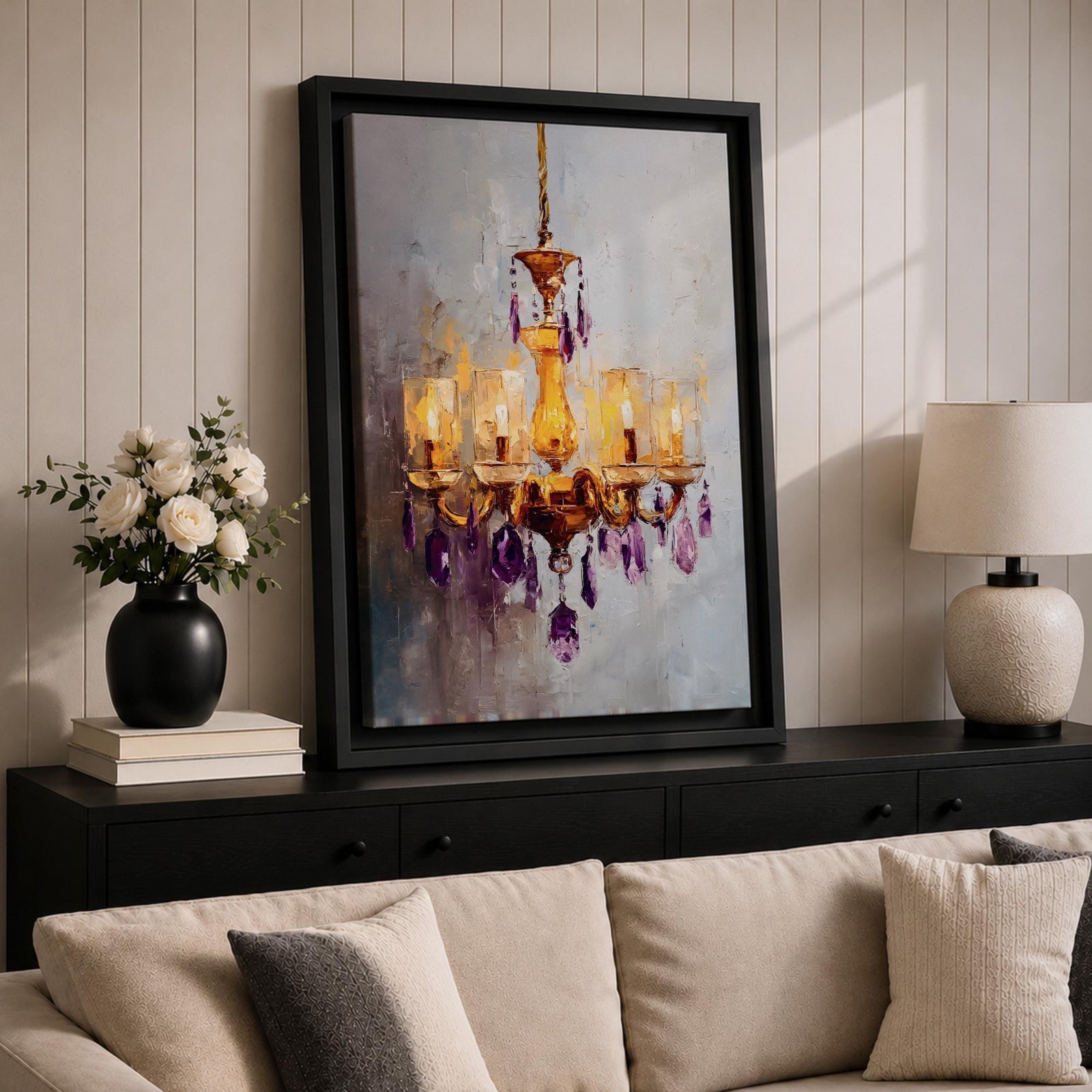 Chandelier Wall Art Modern Lighting Framed Canvas Purple Gold Crystal Abstract Elegant Wall Decor