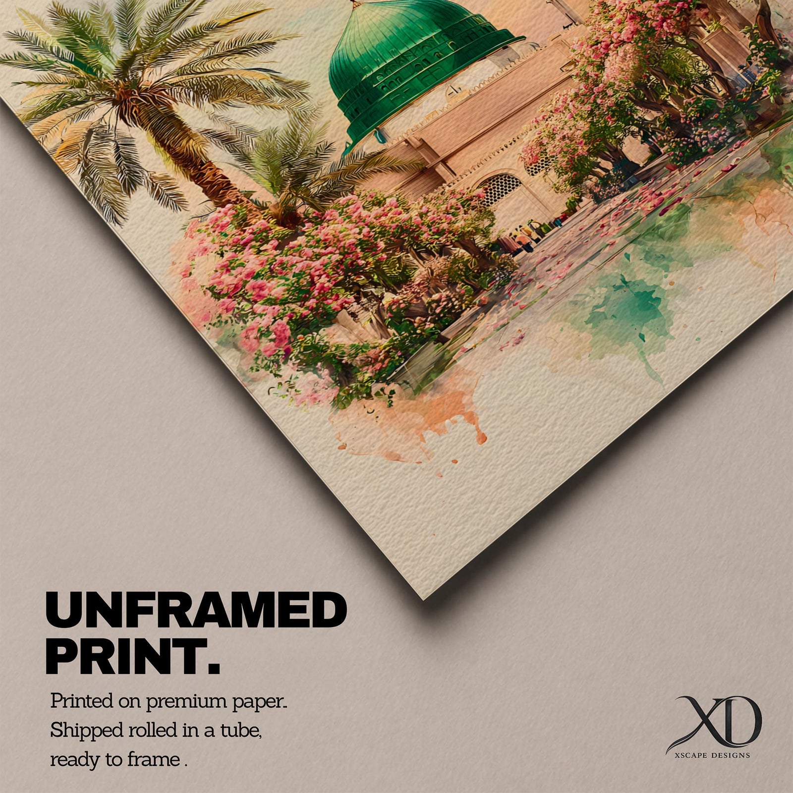 Prophet Mosque Wall Art Madinah Al Masjid Nabawi Islamic Framed Canvas Watercolor Floral Decor