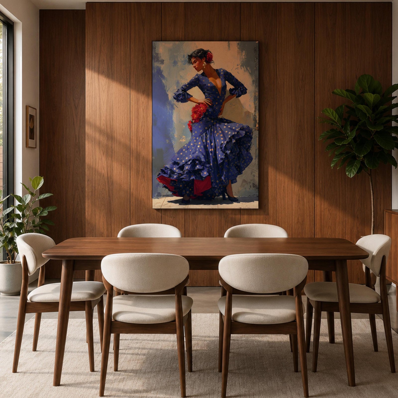 Flamenco Dancer Wall Art Spanish Dance Framed Canvas Polka Dot Dress Ruffled Skirt Decor