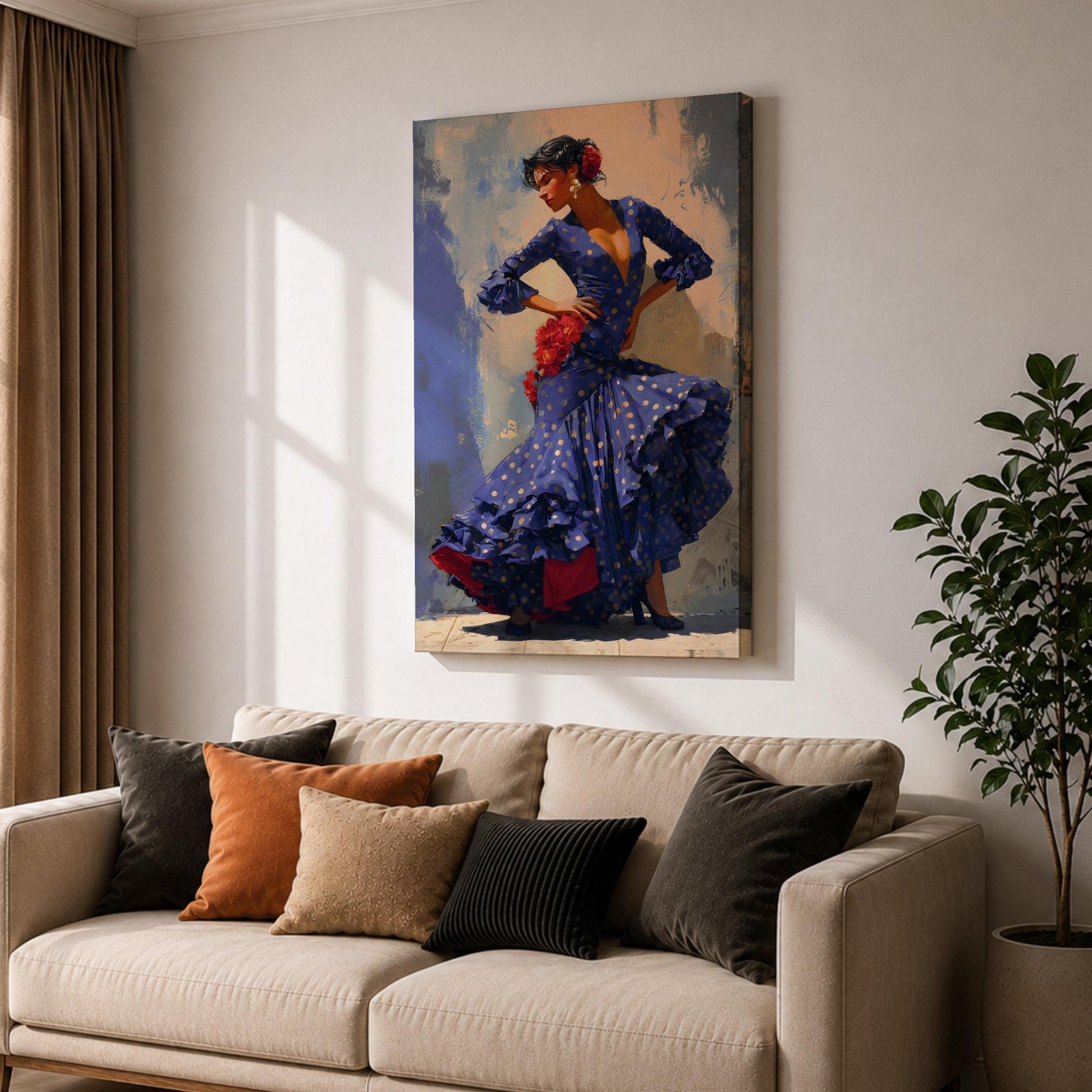 Flamenco Dancer Wall Art Spanish Dance Framed Canvas Polka Dot Dress Ruffled Skirt Decor
