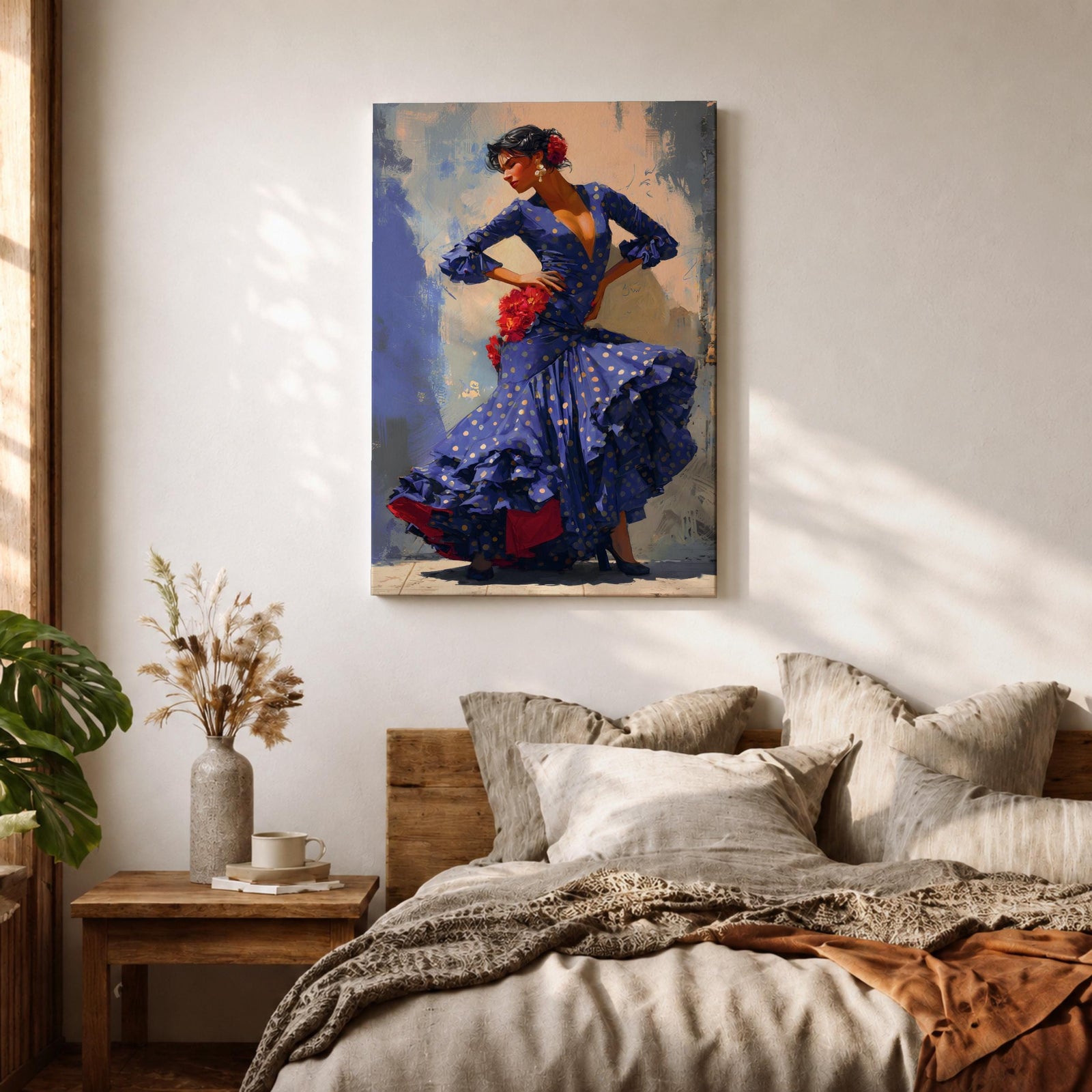 Flamenco Dancer Wall Art Spanish Dance Framed Canvas Polka Dot Dress Ruffled Skirt Decor