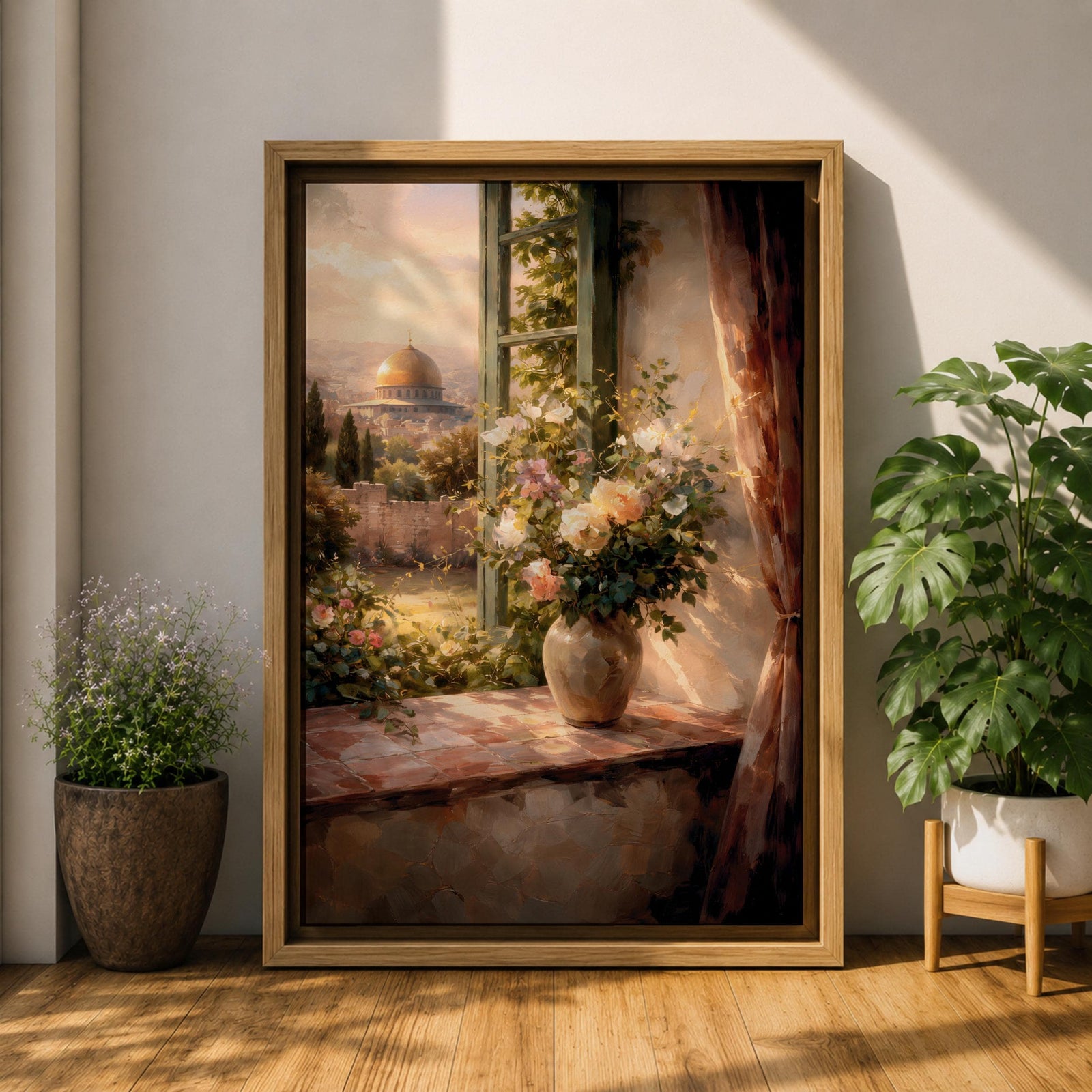 Masjid Al Aqsa Wall Art Floral Window Framed Canvas Jerusalem Mosque Middle Eastern Decor