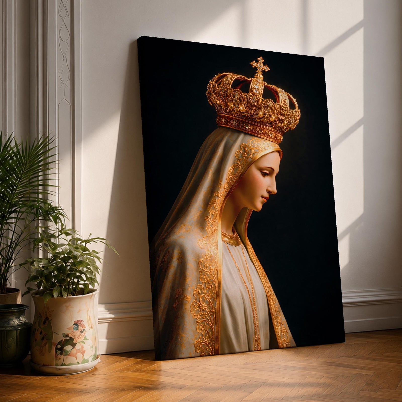 Virgin Mary Crowned Wall Art Queen of Heaven Madonna Canvas Catholic Gold Religious Decor