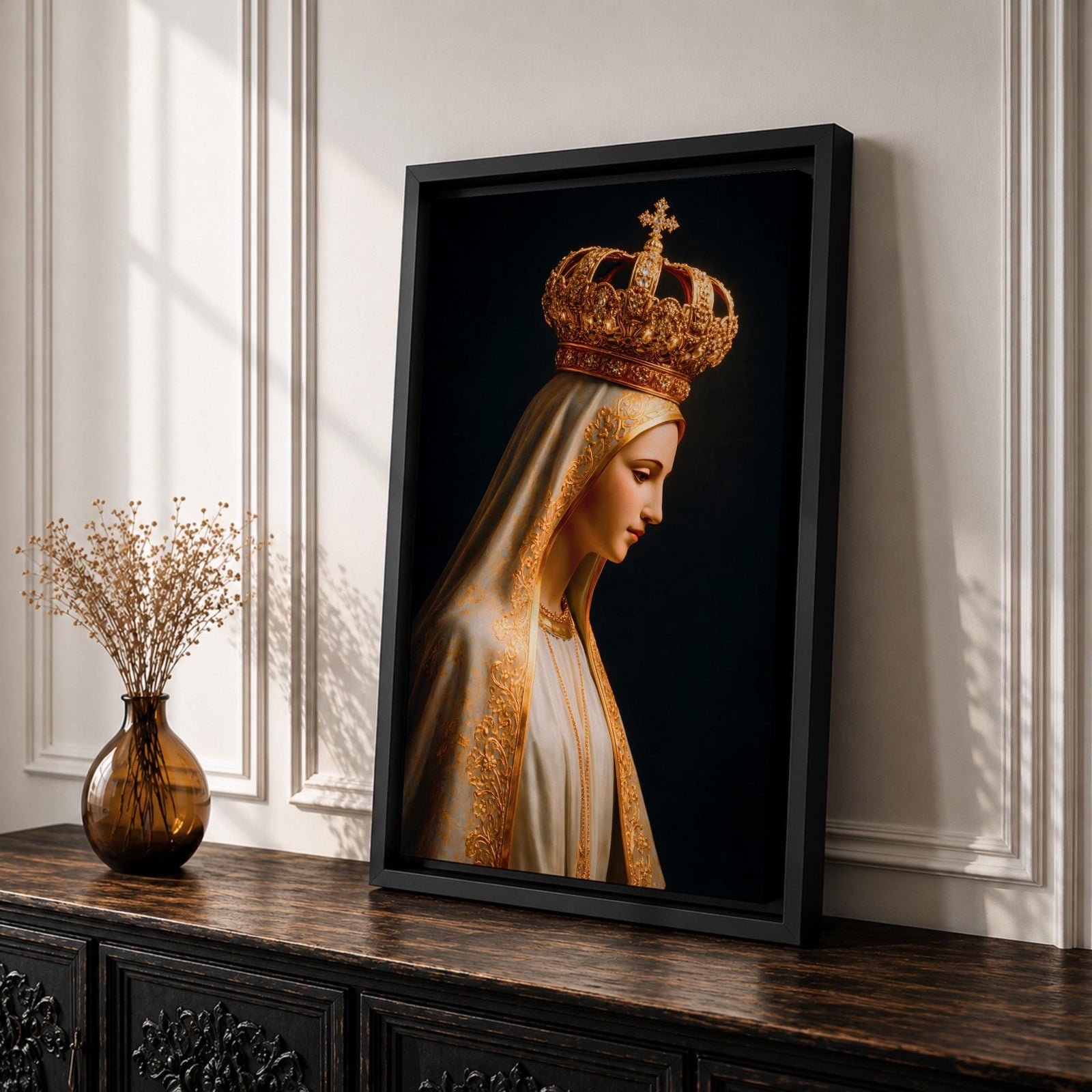Virgin Mary Crowned Wall Art Queen of Heaven Madonna Canvas Catholic Gold Religious Decor