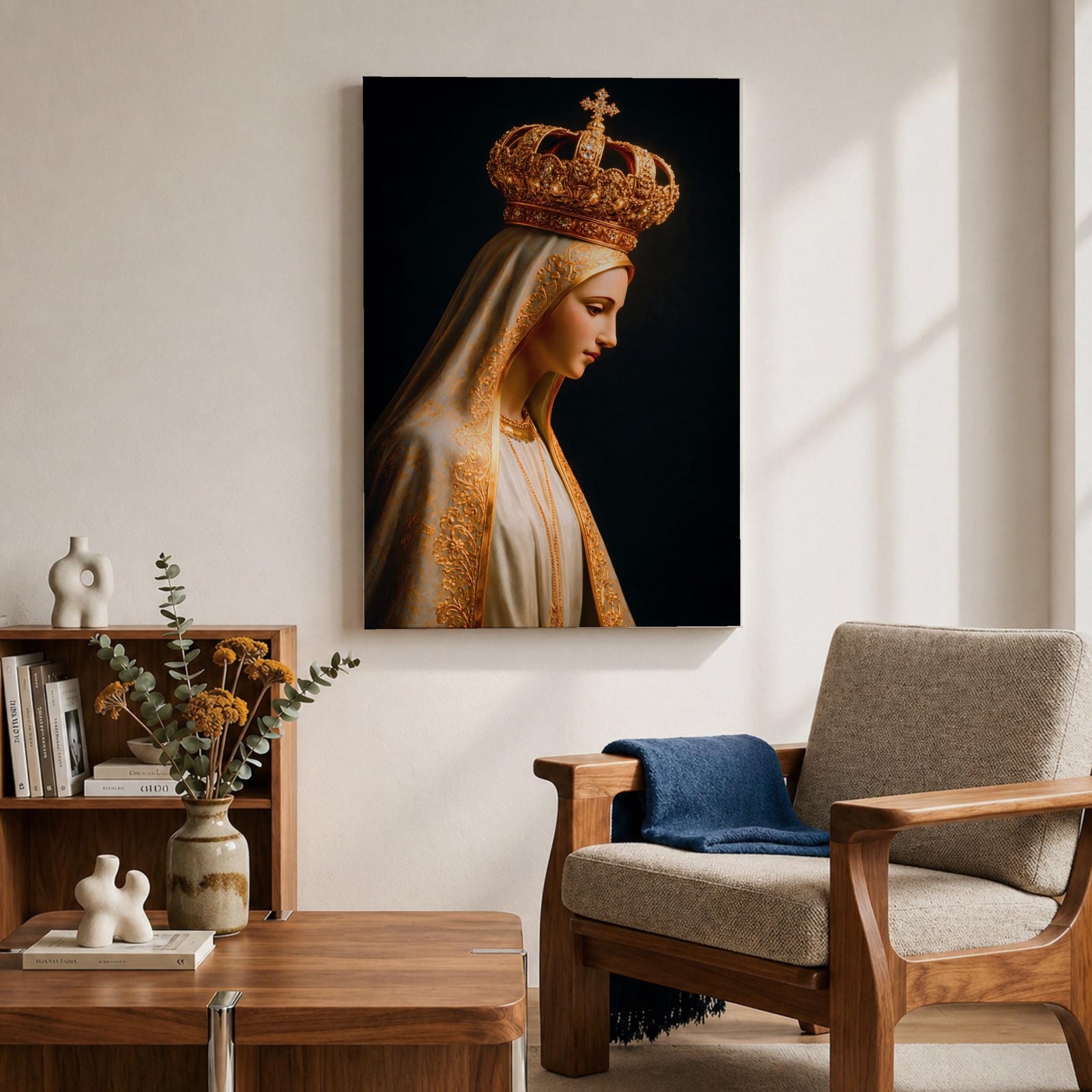 Virgin Mary Crowned Wall Art Queen of Heaven Madonna Canvas Catholic Gold Religious Decor