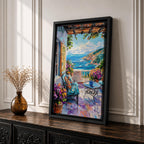 Mediterranean Terrace Wall Art Coastal Balcony Seaside Framed Canvas Ocean Landscape Living Room Decor