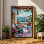 Mediterranean Terrace Wall Art Coastal Balcony Seaside Framed Canvas Ocean Landscape Living Room Decor