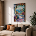 Mediterranean Terrace Wall Art Coastal Balcony Seaside Framed Canvas Ocean Landscape Living Room Decor
