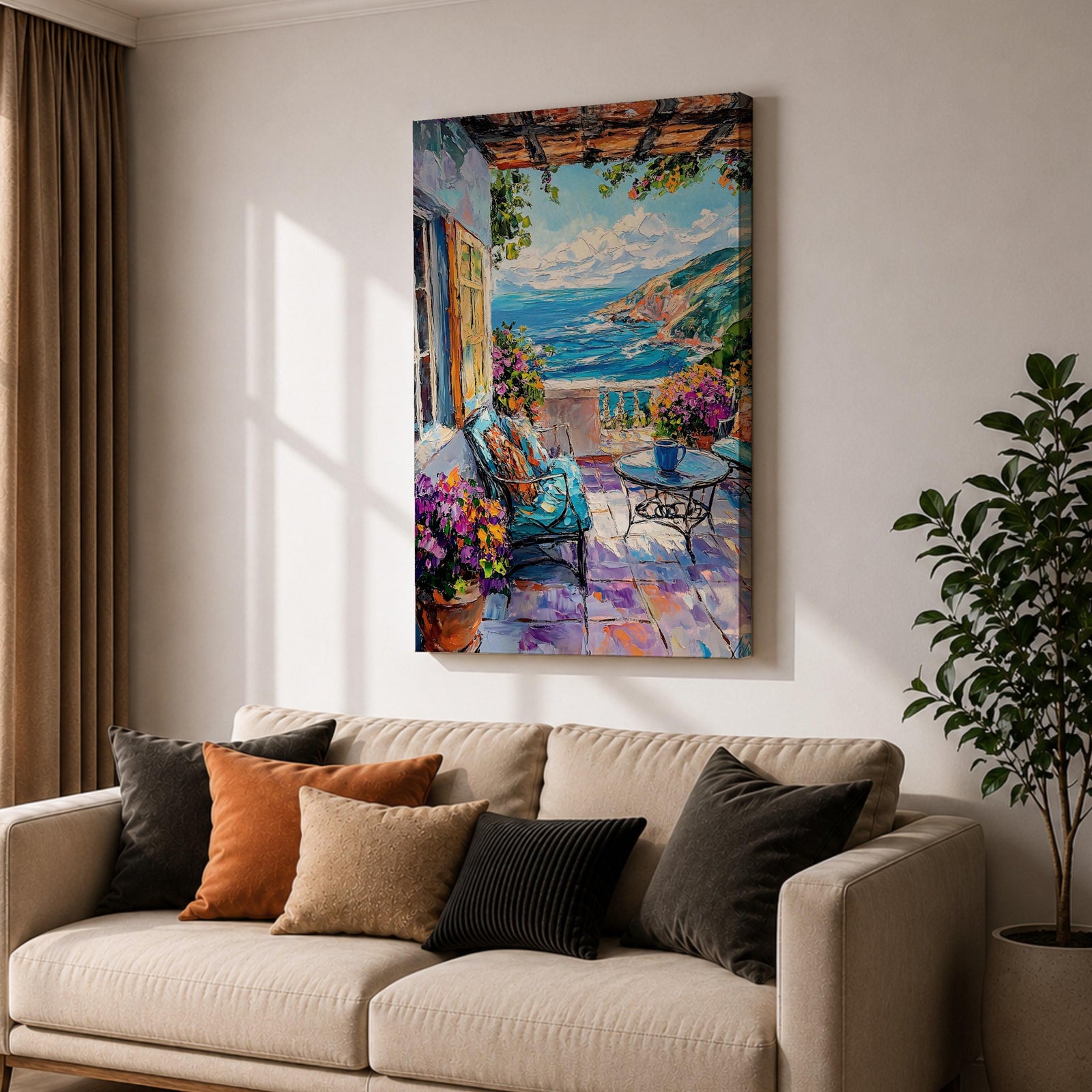 Mediterranean Terrace Wall Art Coastal Balcony Seaside Framed Canvas Ocean Landscape Living Room Decor