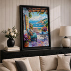 Mediterranean Terrace Wall Art Coastal Balcony Seaside Framed Canvas Ocean Landscape Living Room Decor