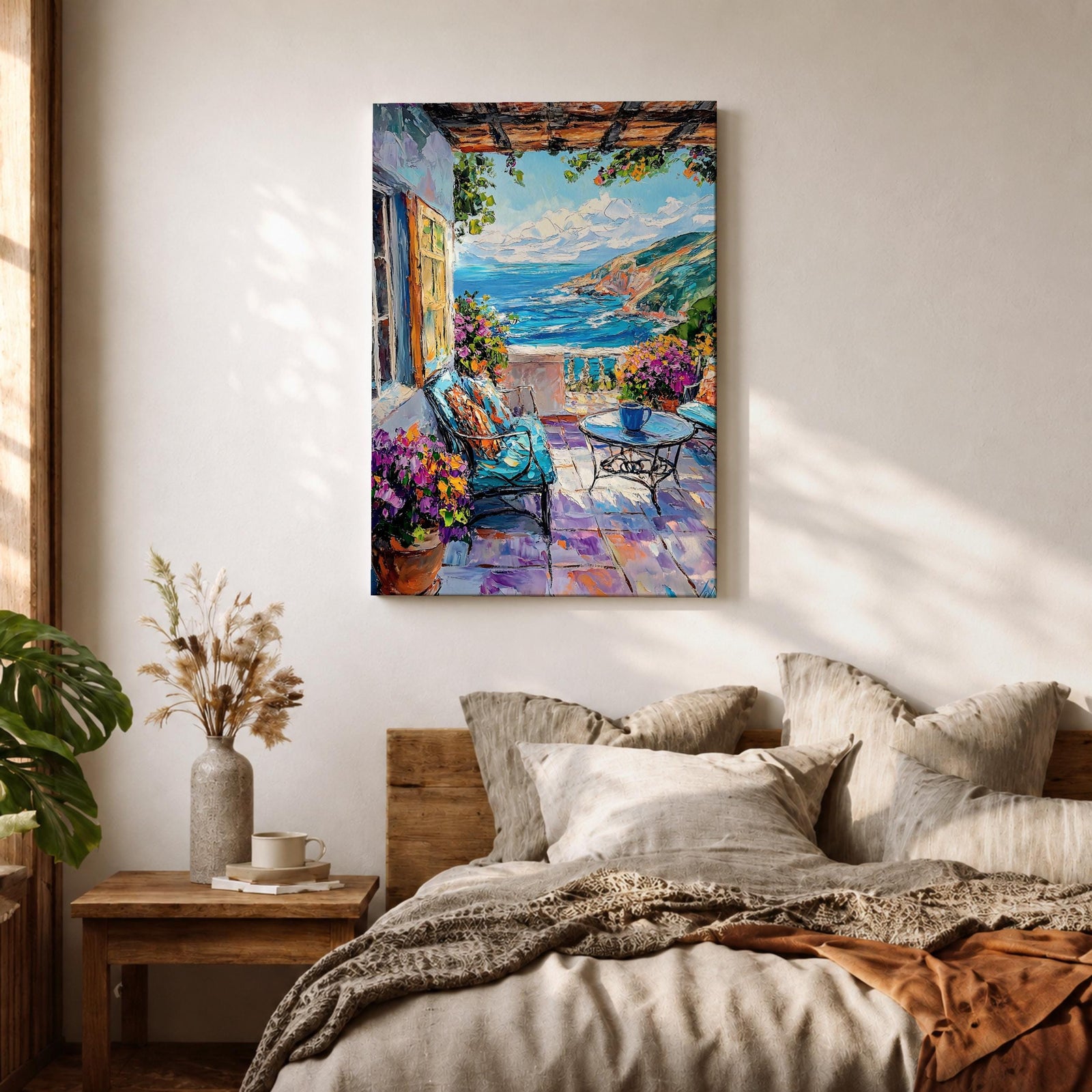 Mediterranean Terrace Wall Art Coastal Balcony Seaside Framed Canvas Ocean Landscape Living Room Decor