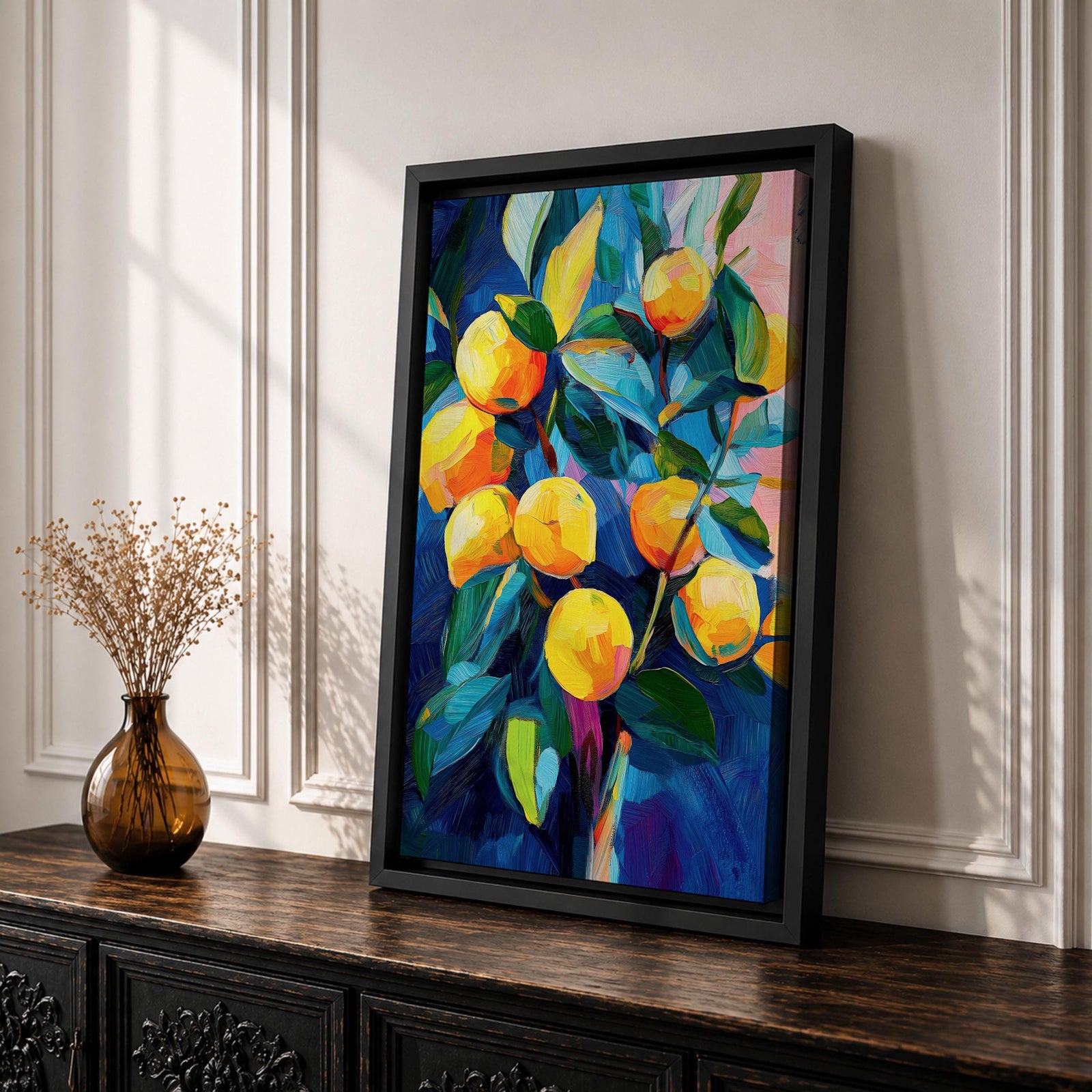 Lemon Tree Wall Art Citrus Fruit Framed Canvas Mediterranean Impasto Botanical Kitchen Home Decor