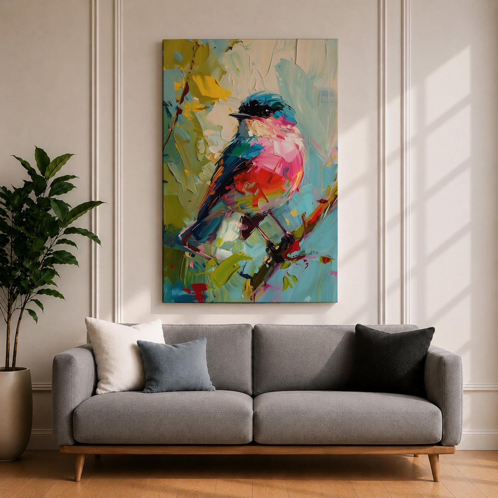 Songbird Wall Art Modern Bird Painting Framed Canvas Wildlife Impasto Living Room Decor