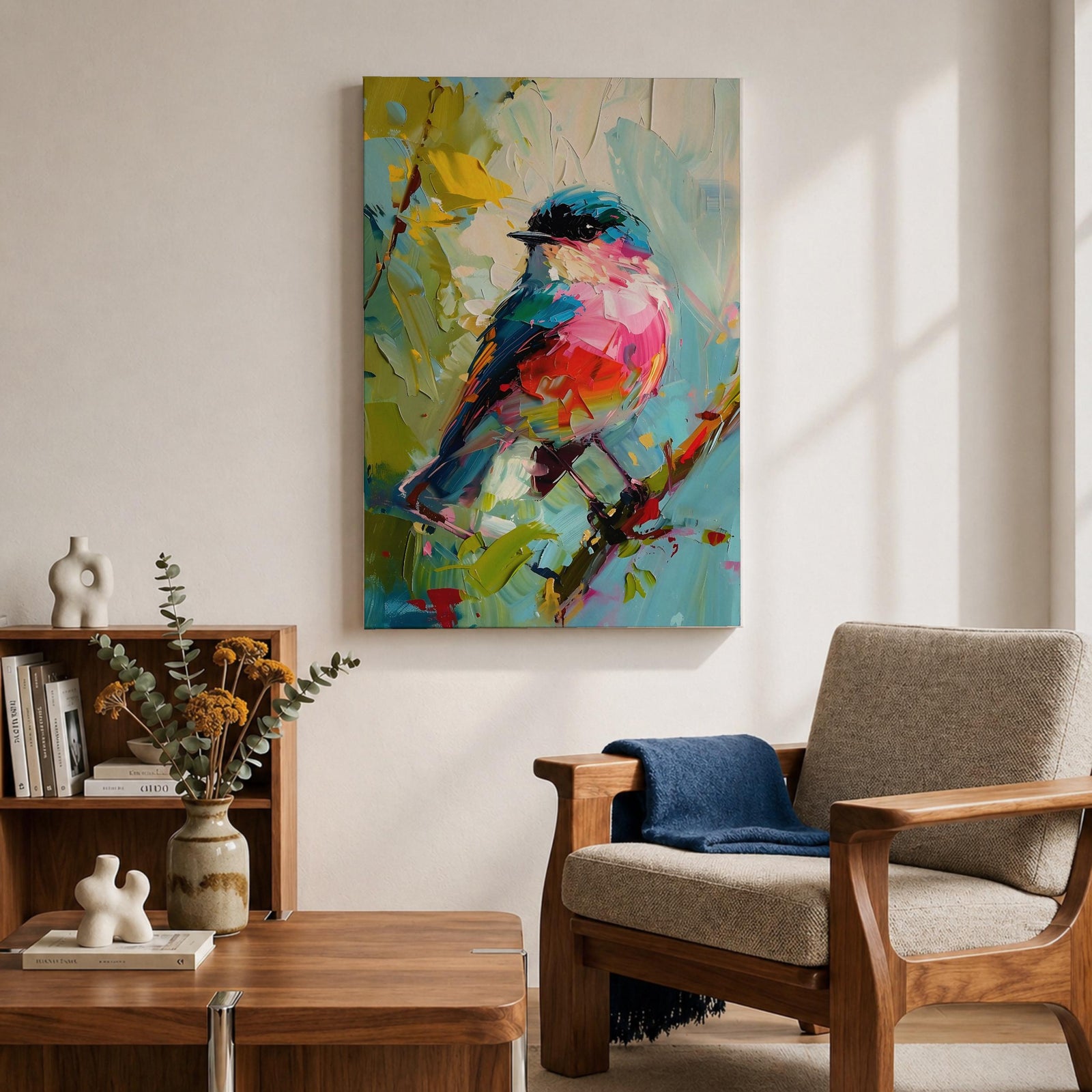 Songbird Wall Art Modern Bird Painting Framed Canvas Wildlife Impasto Living Room Decor