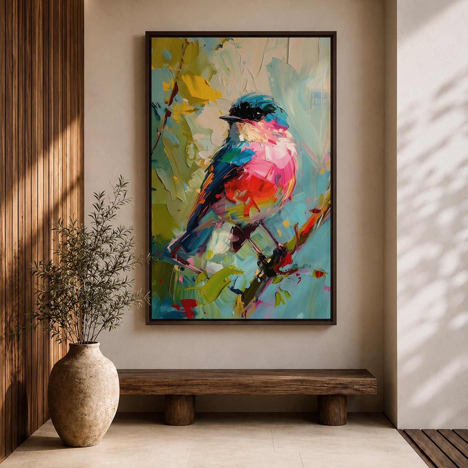 Songbird Wall Art Modern Bird Painting Framed Canvas Wildlife Impasto Living Room Decor