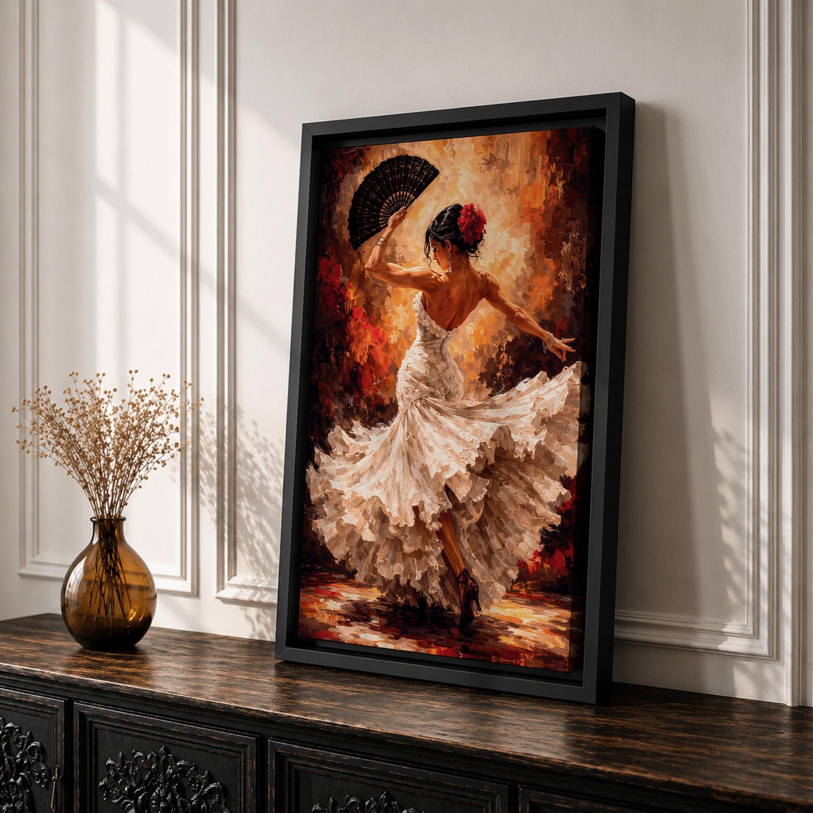 Flamenco Dancer Wall Art Spanish Dance Framed Canvas White Dress Fan Movement Decor