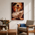Flamenco Dancer Wall Art Spanish Dance Framed Canvas White Dress Fan Movement Decor