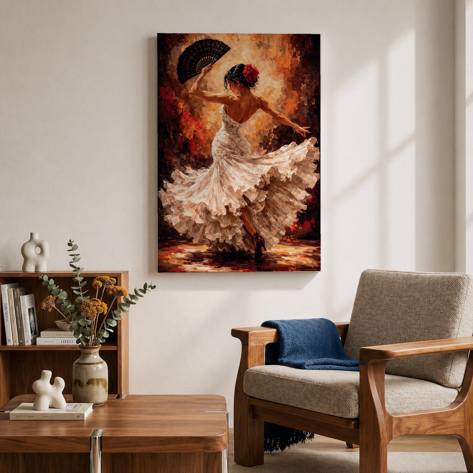 Flamenco Dancer Wall Art Spanish Dance Framed Canvas White Dress Fan Movement Decor
