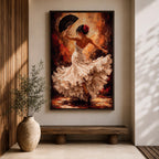 Flamenco Dancer Wall Art Spanish Dance Framed Canvas White Dress Fan Movement Decor