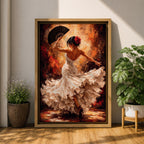 Flamenco Dancer Wall Art Spanish Dance Framed Canvas White Dress Fan Movement Decor