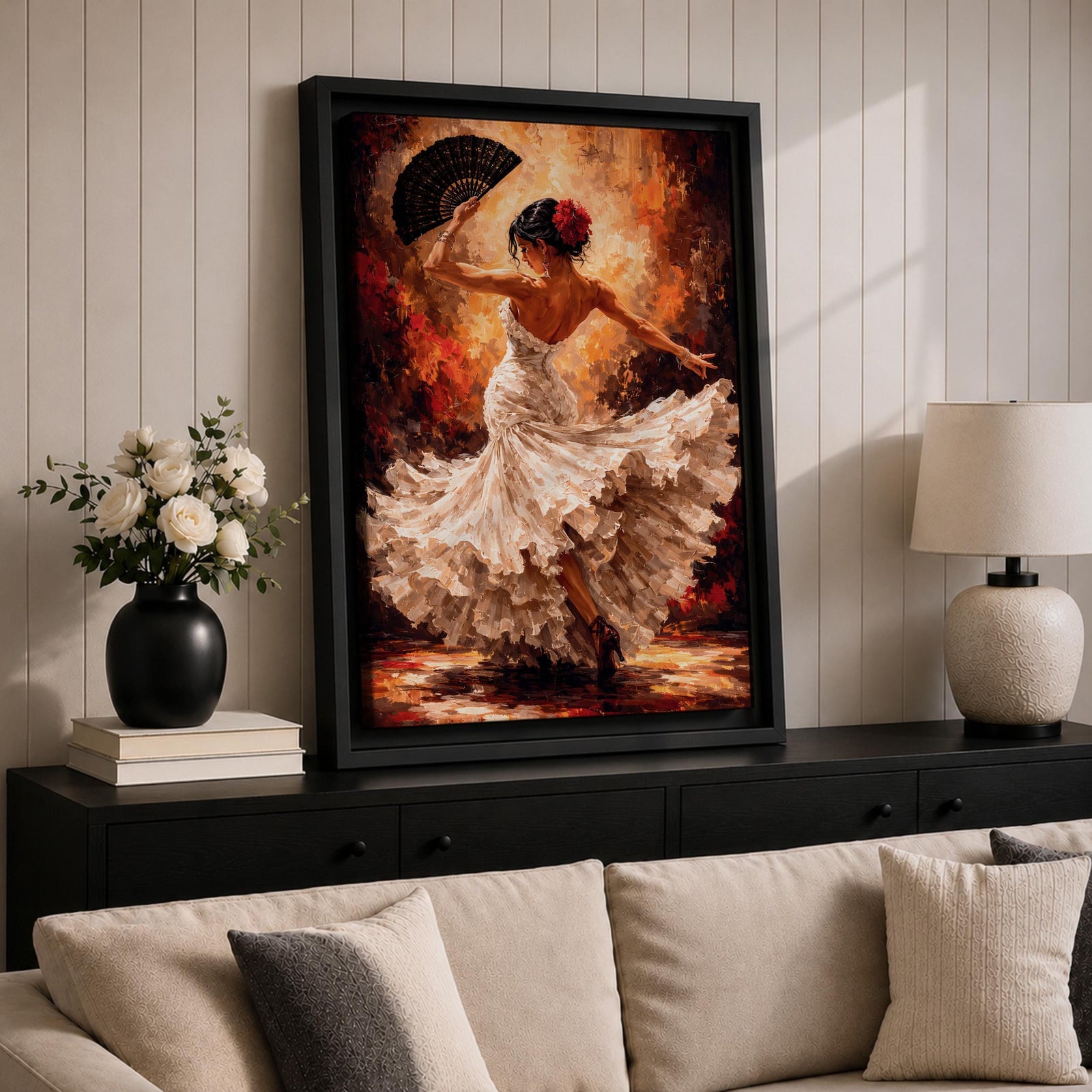 Flamenco Dancer Wall Art Spanish Dance Framed Canvas White Dress Fan Movement Decor