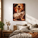 Flamenco Dancer Wall Art Spanish Dance Framed Canvas White Dress Fan Movement Decor