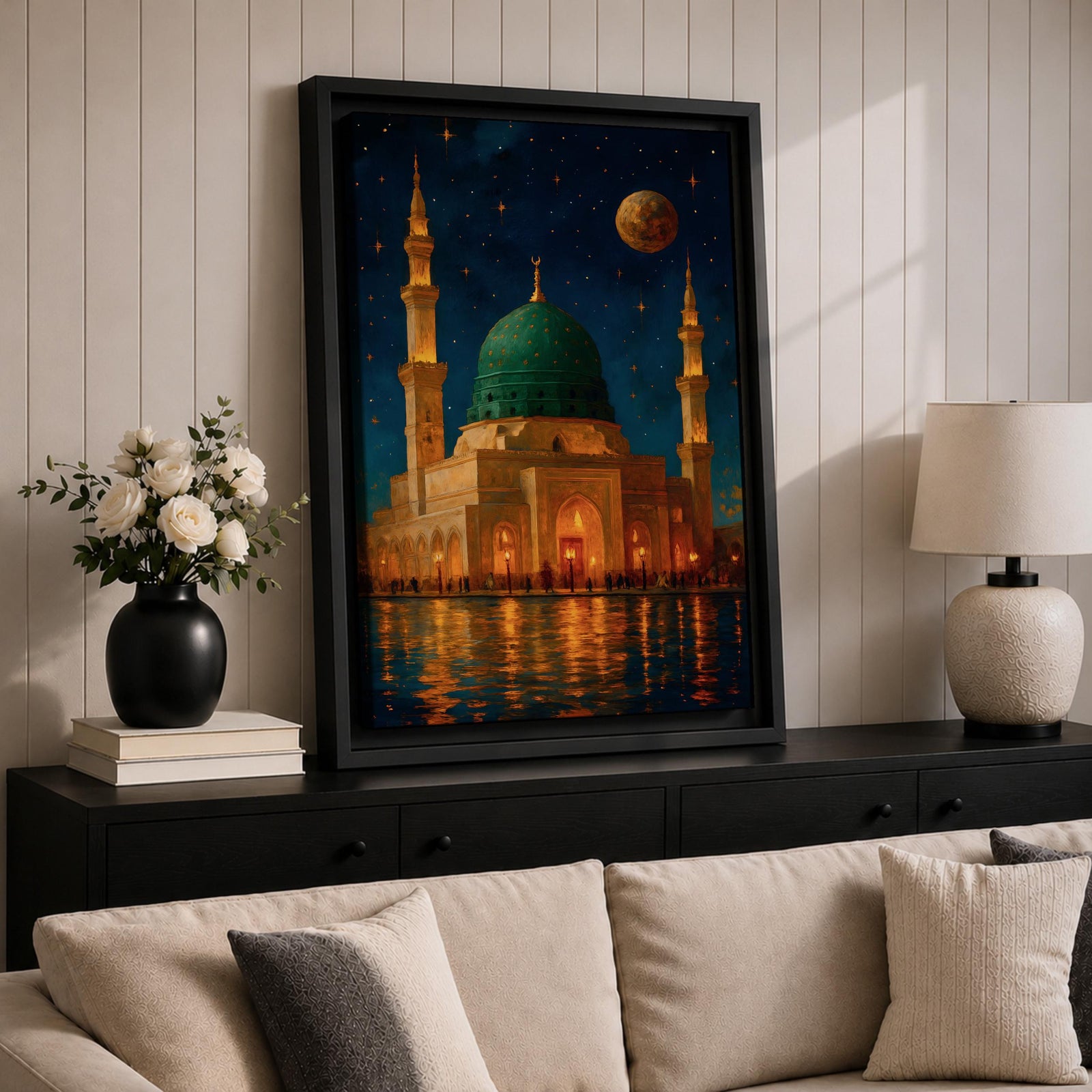 Prophet Mosque Wall Art Madinah Night Scene Framed Canvas Al Masjid Nabawi Islamic Decor