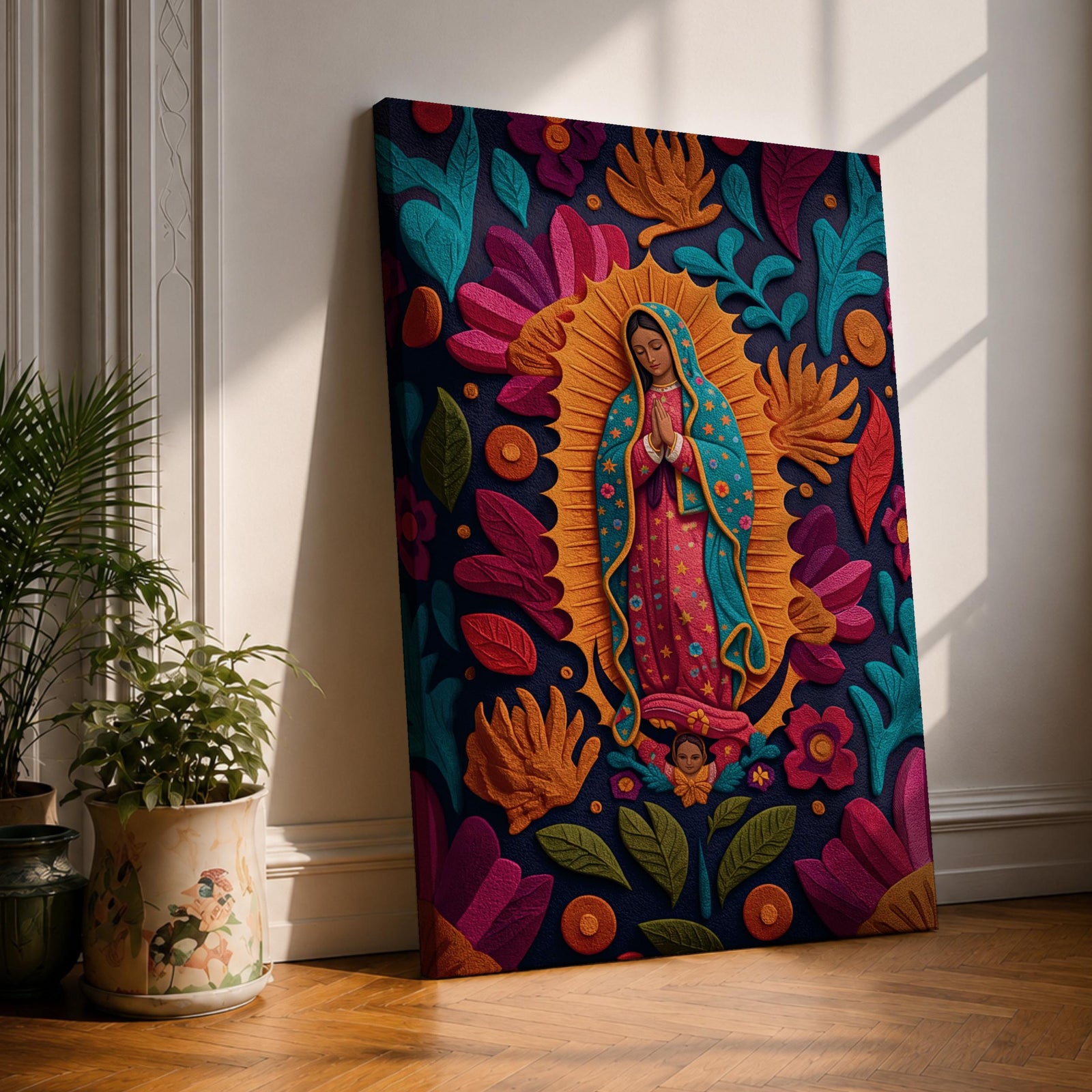 Guadalupe Wall Art Blessed Virgin Mary Canvas Mexican Folk Floral Colorful Catholic Religious Decor