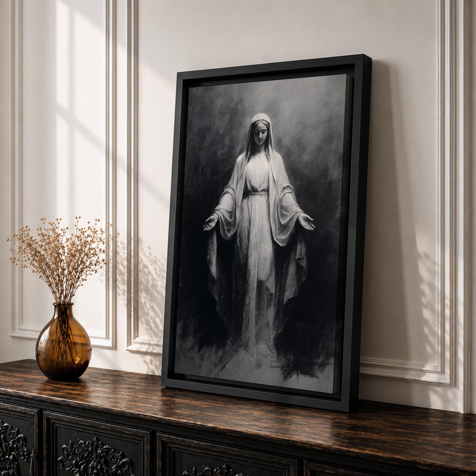 Our Lady of Lourdes Wall Art Virgin Mary Framed Canvas Minimalist Catholic Christian Decor