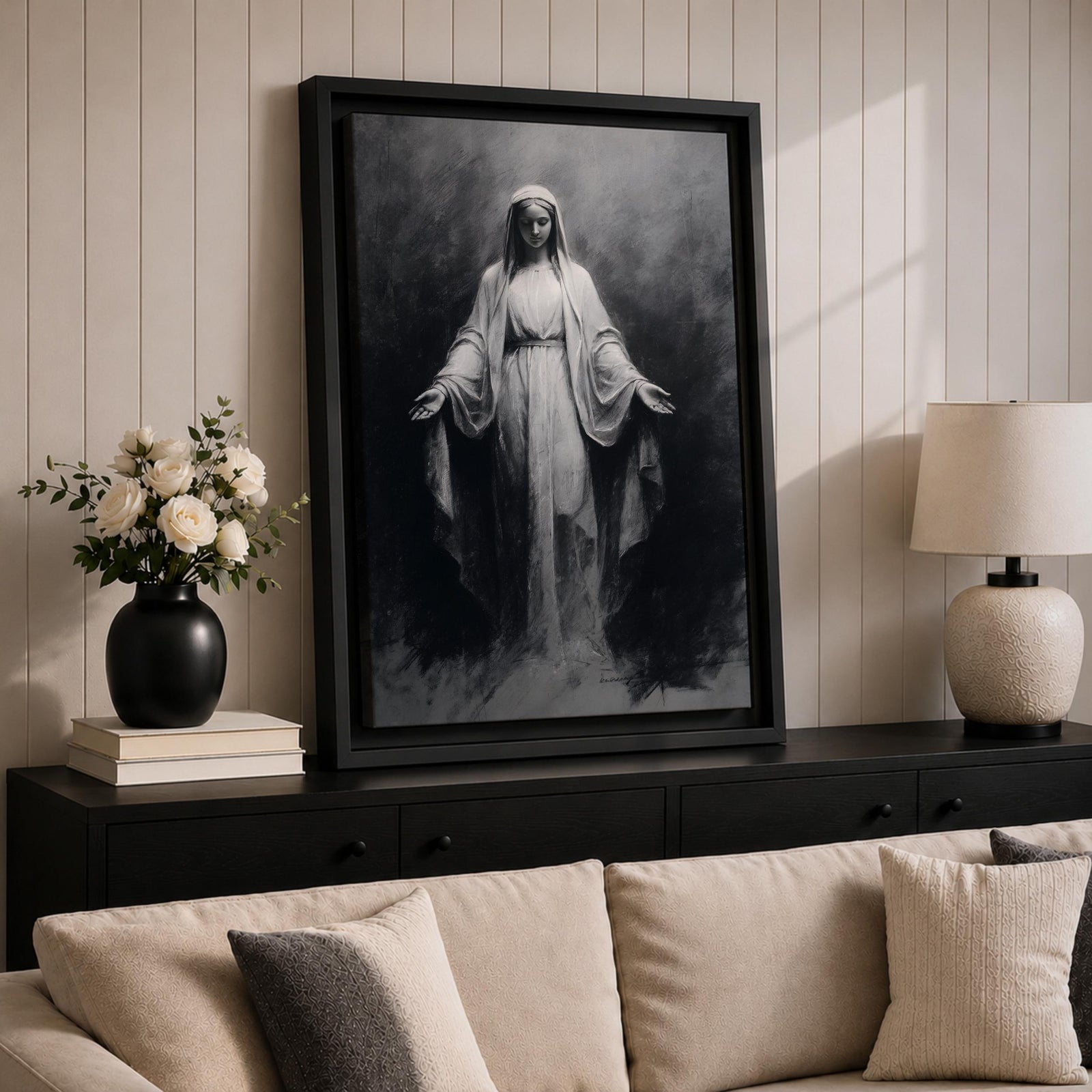 Our Lady of Lourdes Wall Art Virgin Mary Framed Canvas Minimalist Catholic Christian Decor