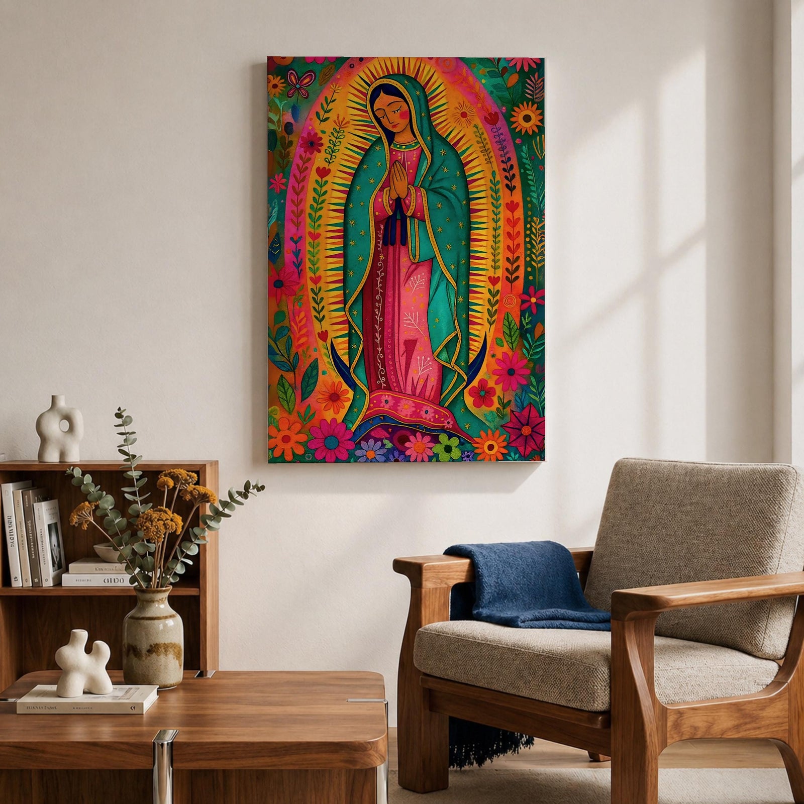 Our Lady of Guadalupe Wall Art Floral Halo Framed Canvas Virgencita Mexican Catholic Decor