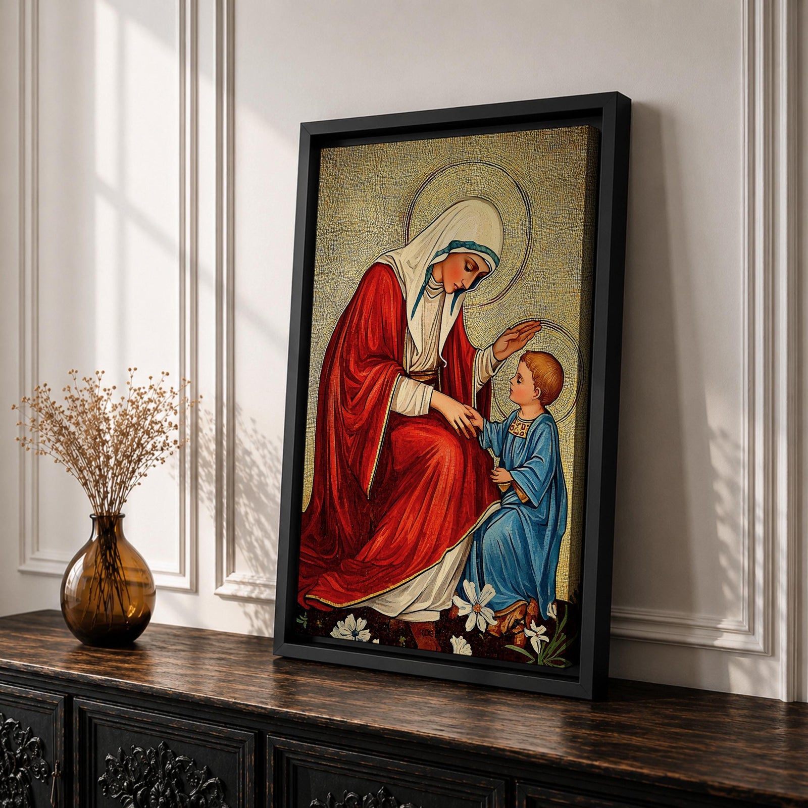Virgin Mary and Child Wall Art Blessing Framed Canvas Madonna Christian Holy Family Decor