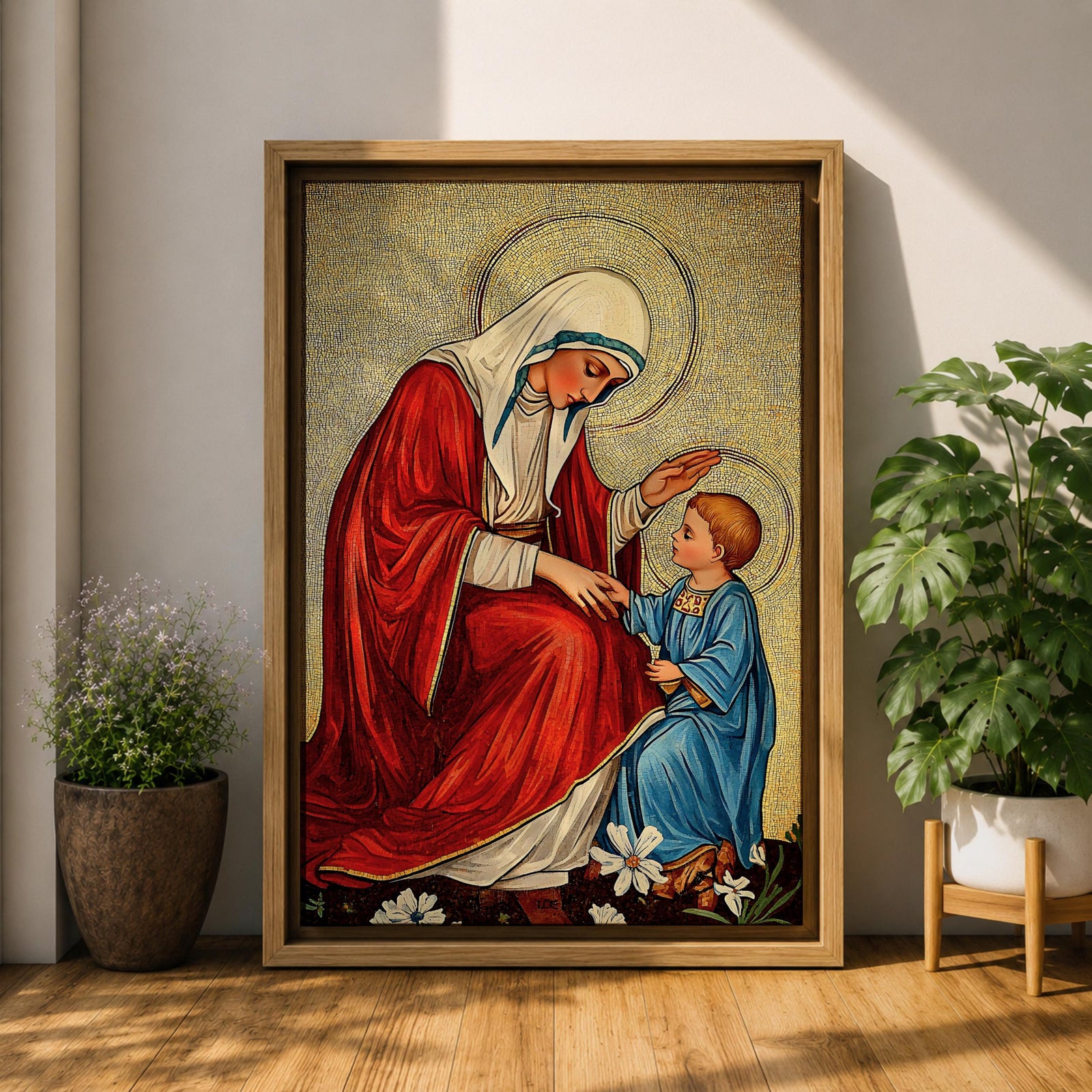 Virgin Mary and Child Wall Art Blessing Framed Canvas Madonna Christian Holy Family Decor
