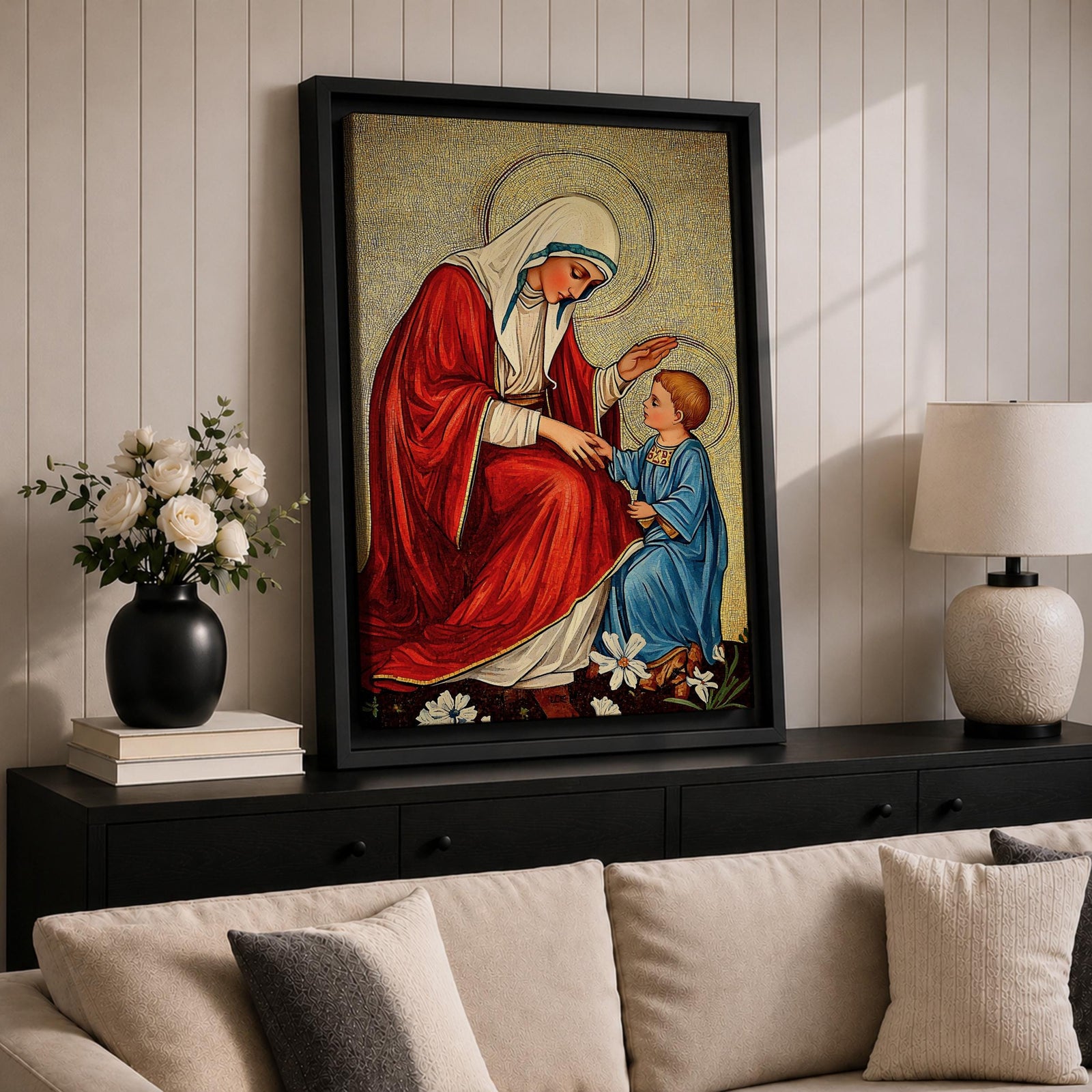 Virgin Mary and Child Wall Art Blessing Framed Canvas Madonna Christian Holy Family Decor