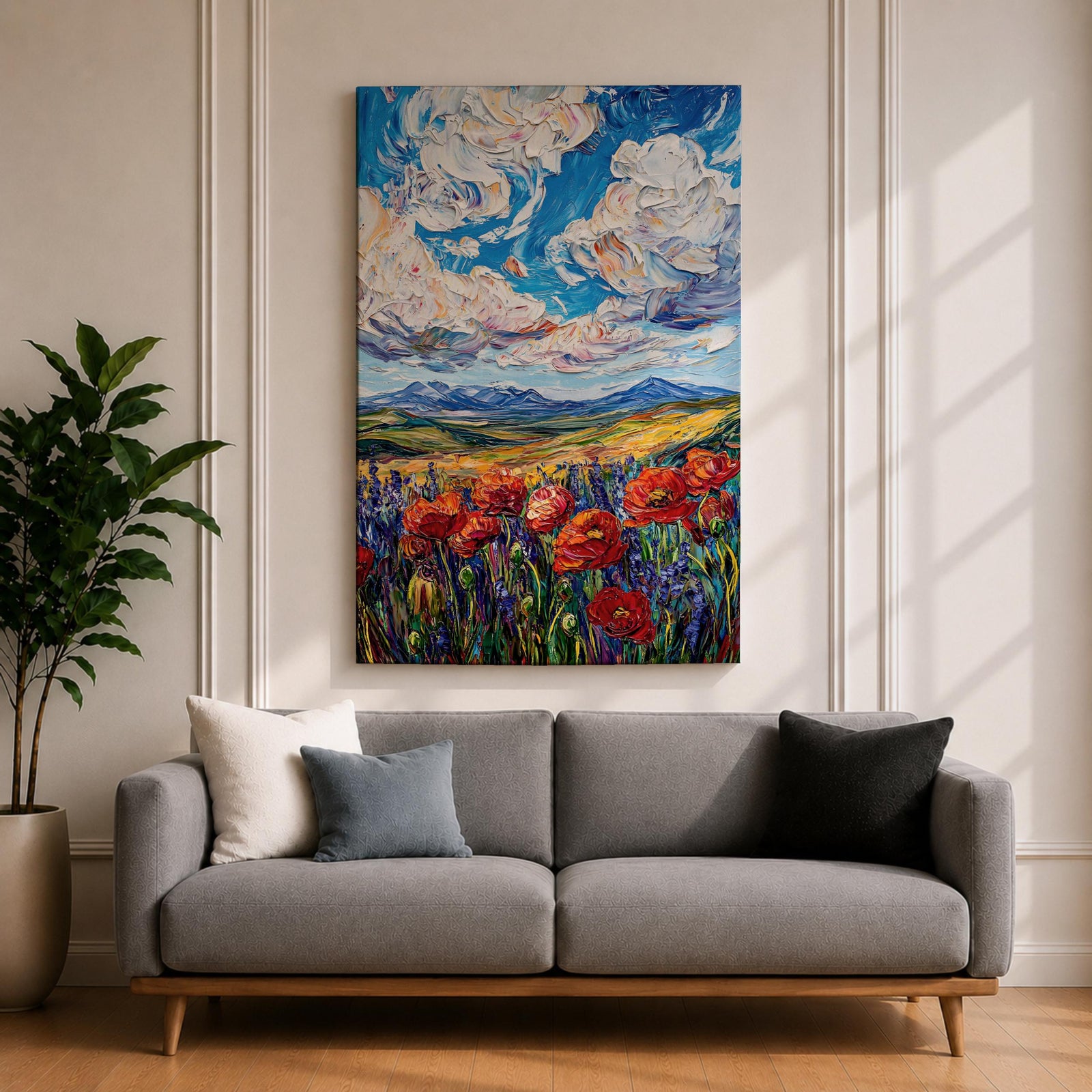 Poppy Field Wall Art Wildflower Meadow Framed Canvas Impasto Landscape Farmhouse Home Decor