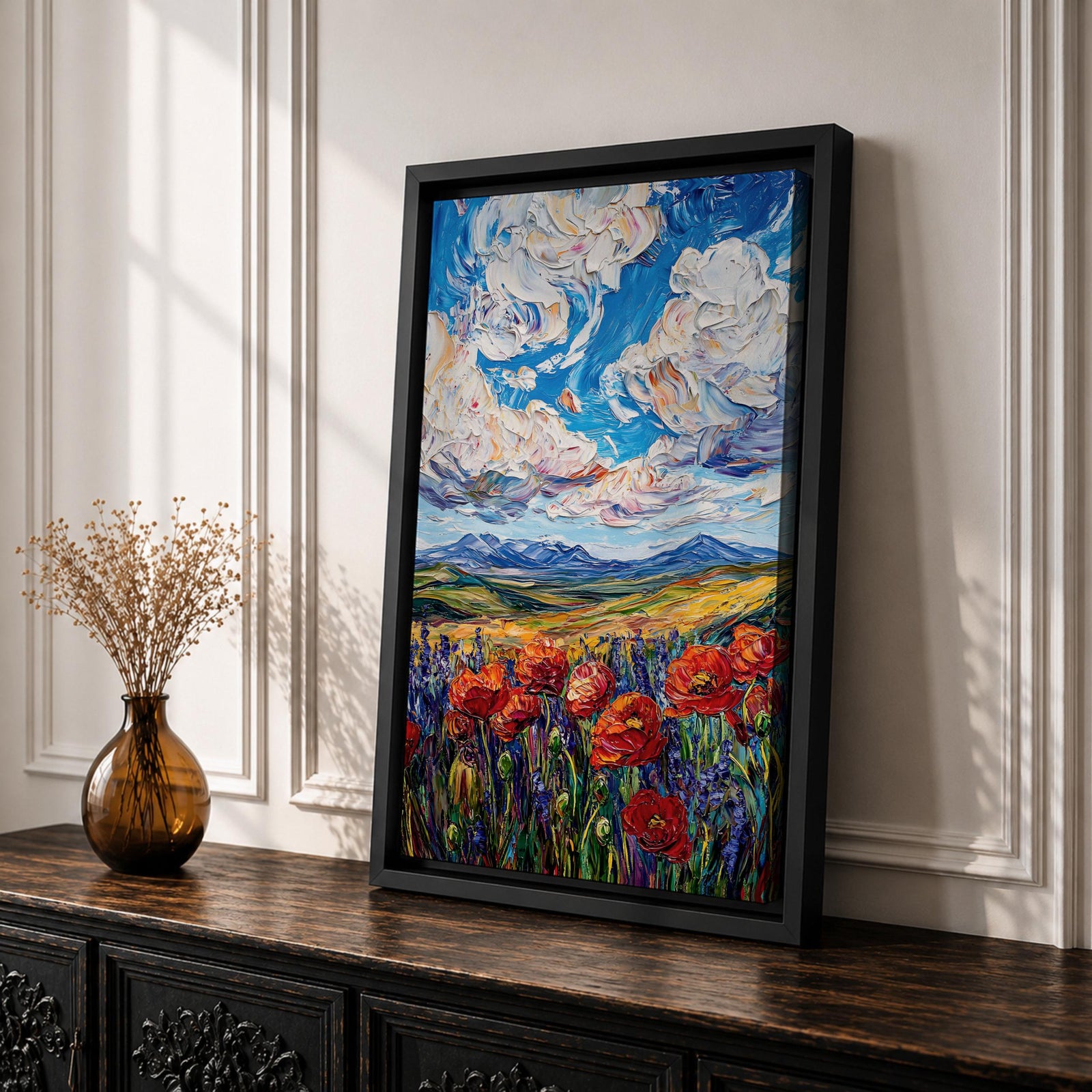 Poppy Field Wall Art Wildflower Meadow Framed Canvas Impasto Landscape Farmhouse Home Decor