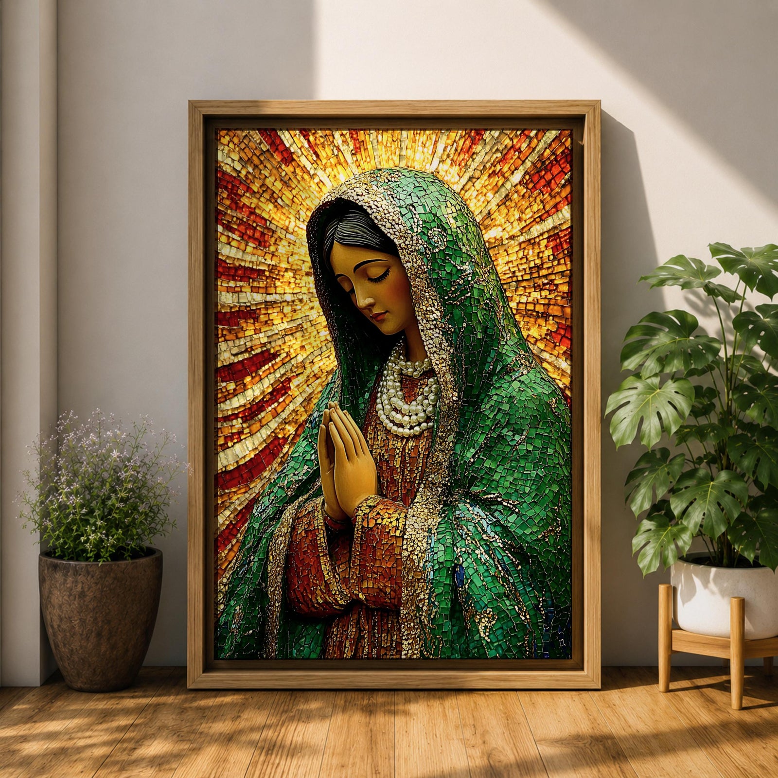 Our Lady of Guadalupe Wall Art Sunburst Framed Canvas La Morenita Mosaic Catholic Decor