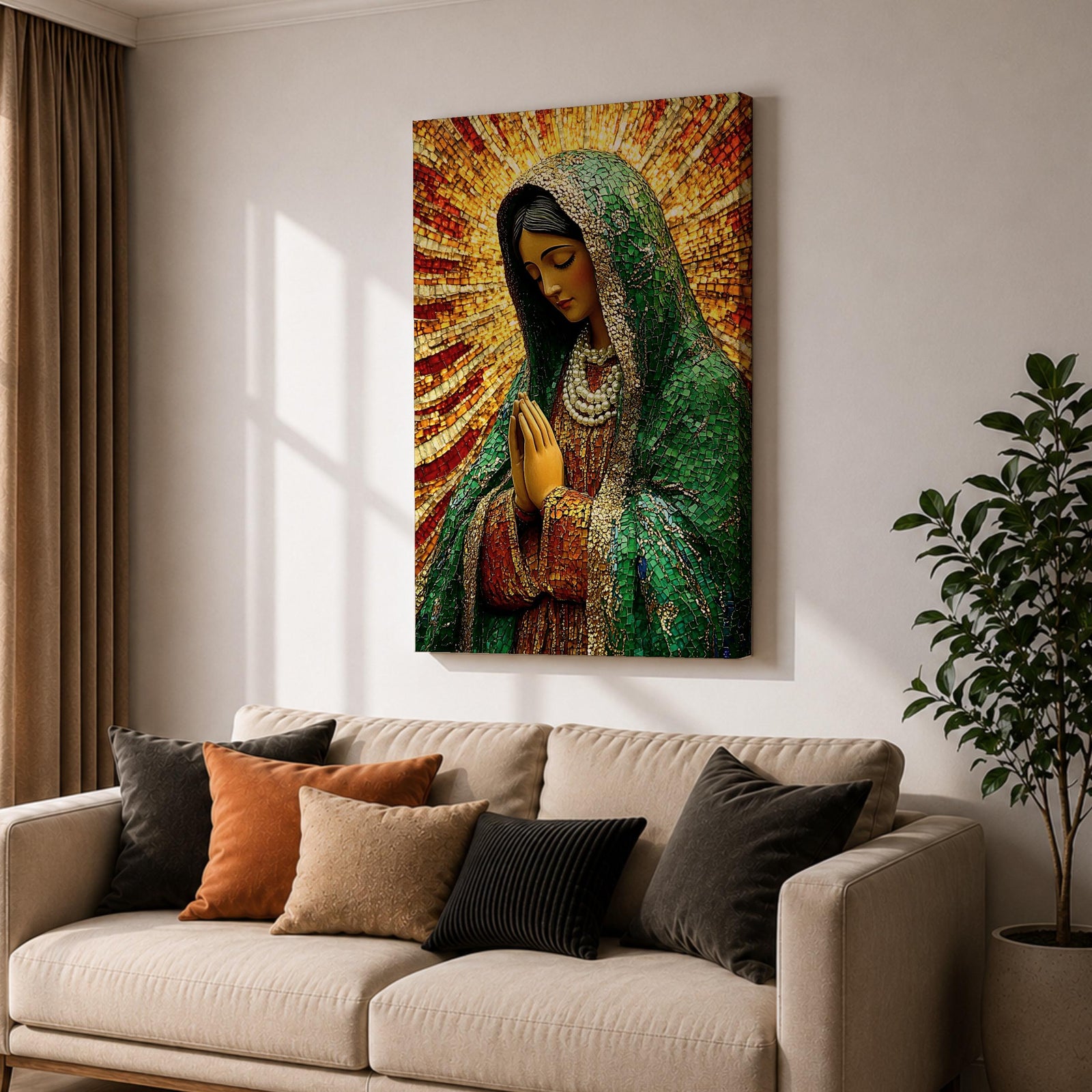 Our Lady of Guadalupe Wall Art Sunburst Framed Canvas La Morenita Mosaic Catholic Decor