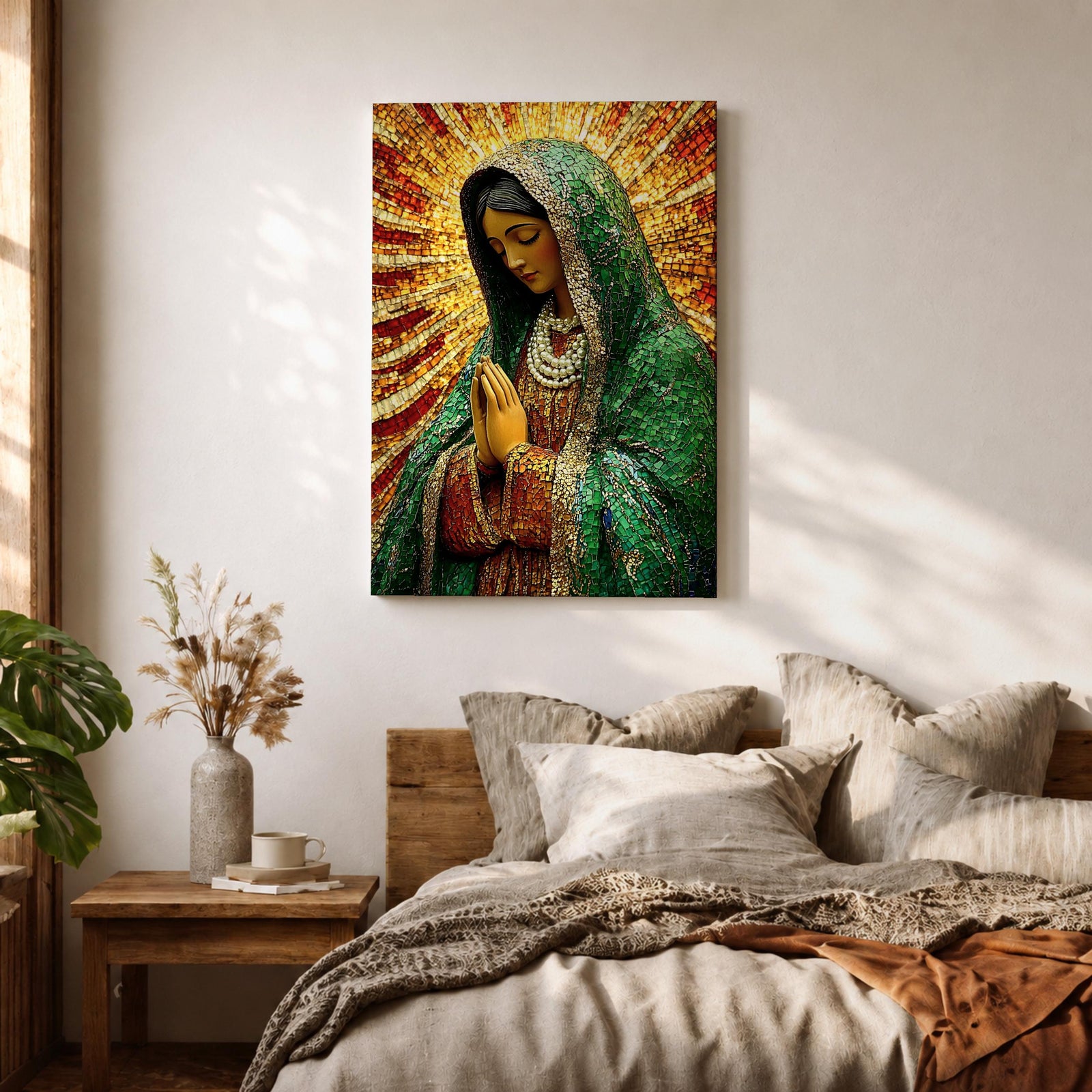 Our Lady of Guadalupe Wall Art Sunburst Framed Canvas La Morenita Mosaic Catholic Decor