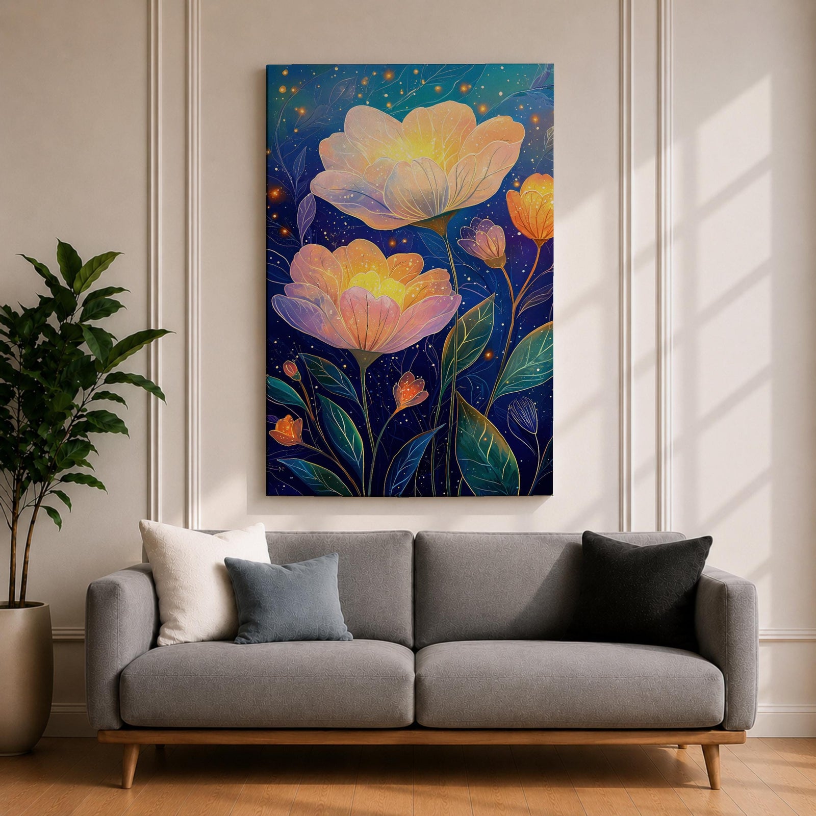 Floral Nightscape Wall Art Glowing Botanical Framed Canvas Bloom Modern Home Decor