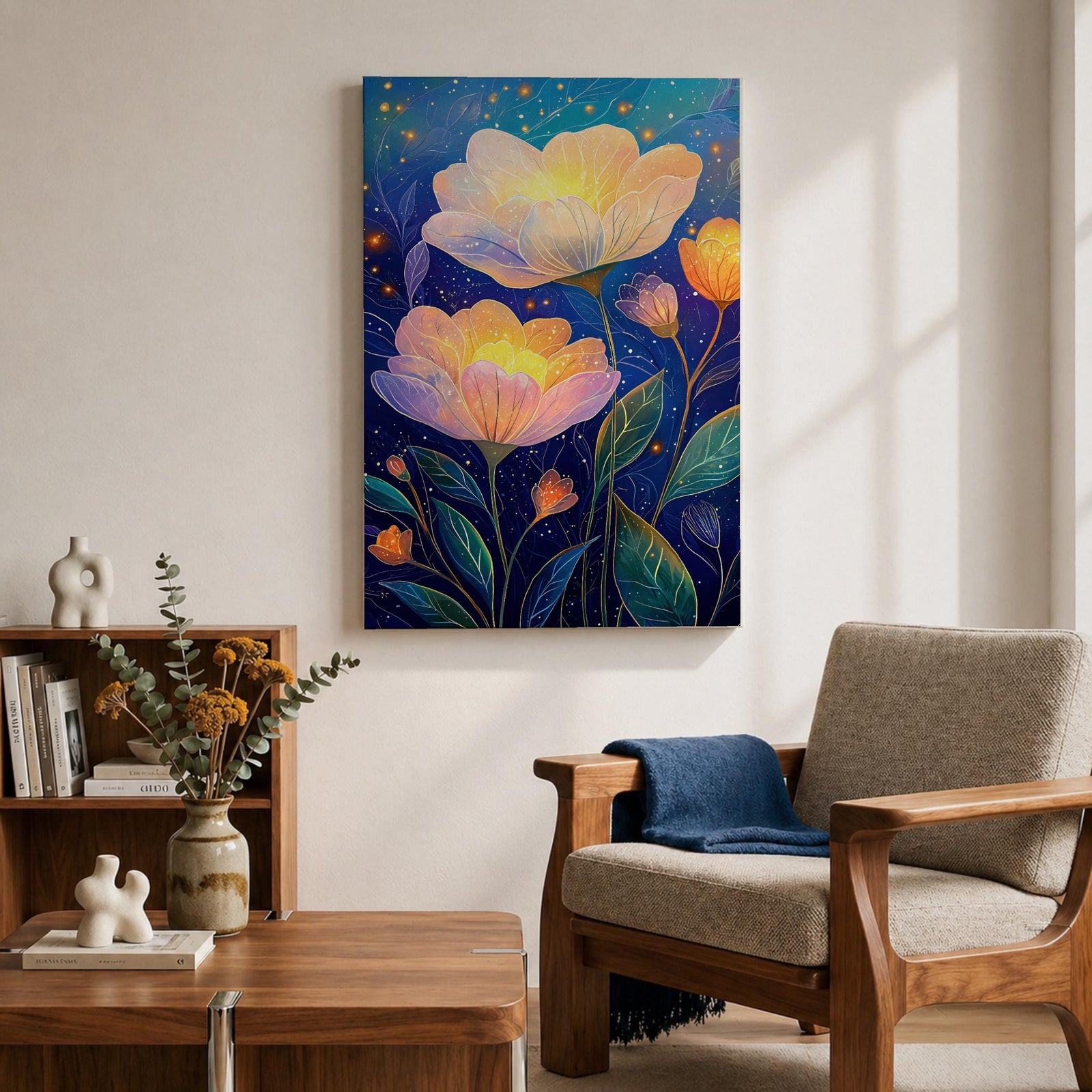 Floral Nightscape Wall Art Glowing Botanical Framed Canvas Bloom Modern Home Decor