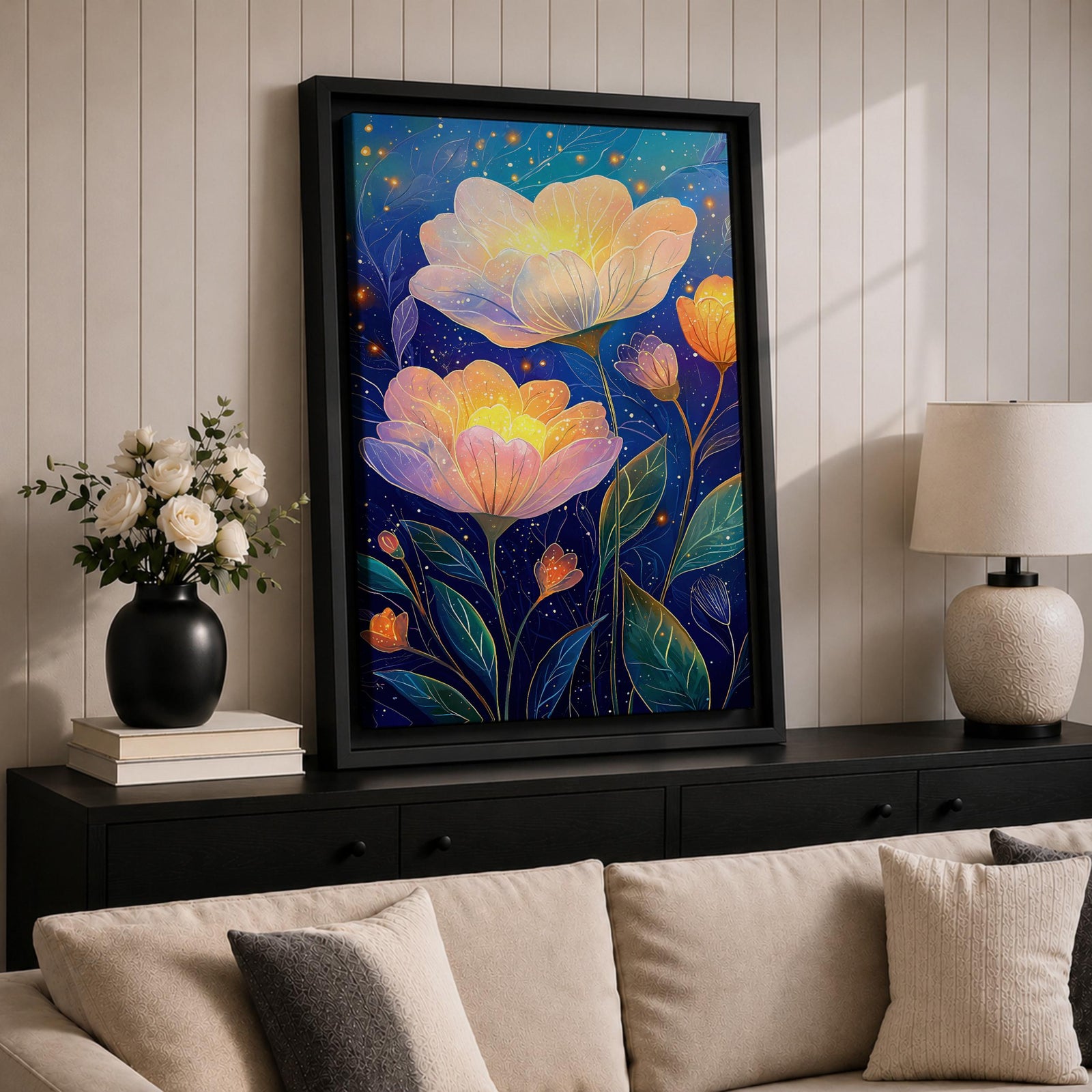 Floral Nightscape Wall Art Glowing Botanical Framed Canvas Bloom Modern Home Decor