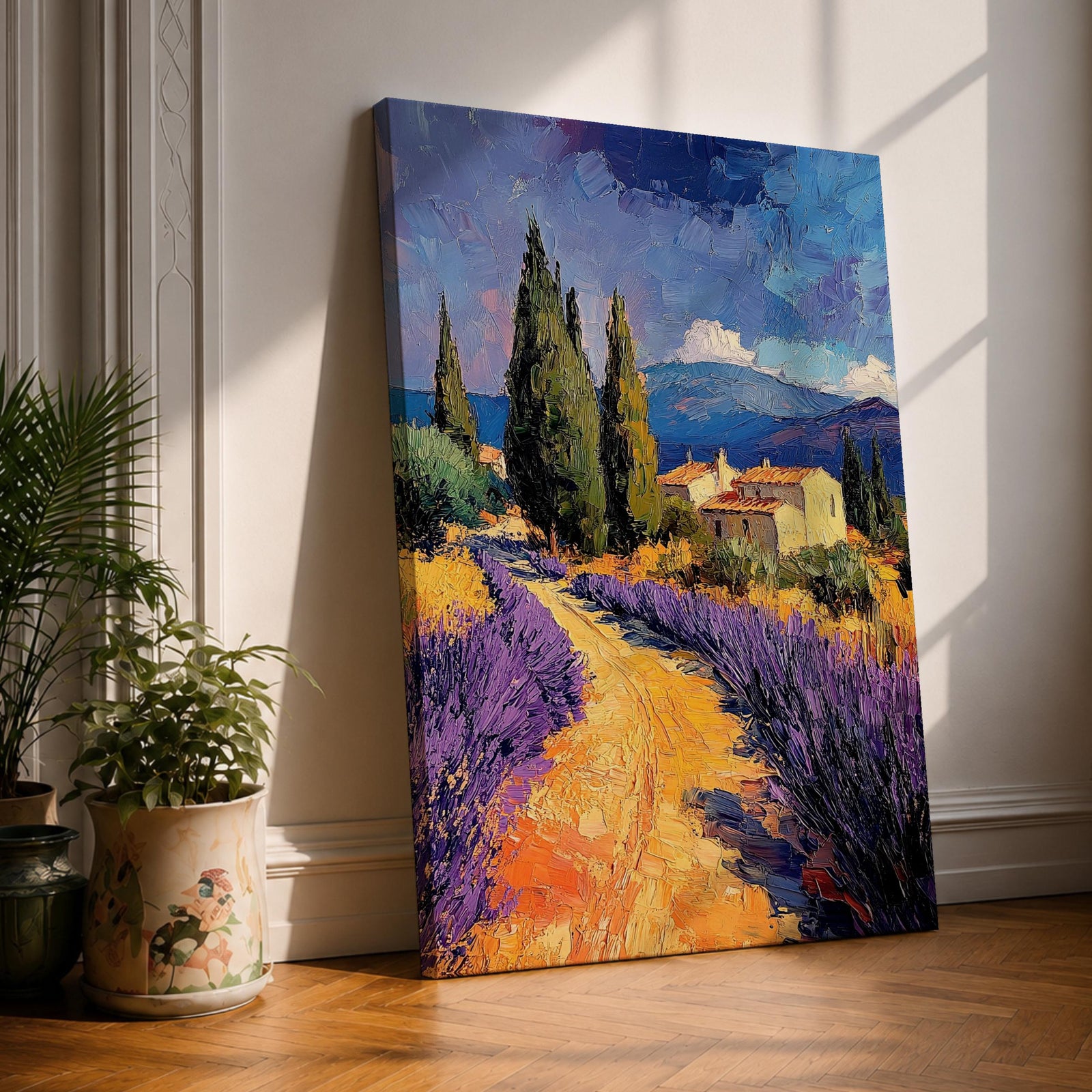 Lavender Field Wall Art Provence Landscape Framed Canvas Cottagecore Rustic Impasto Living Room Decor