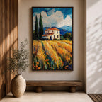 Tuscan Farmhouse Wall Art Italian Countryside Framed Canvas Wheat Field Impasto Rustic Decor