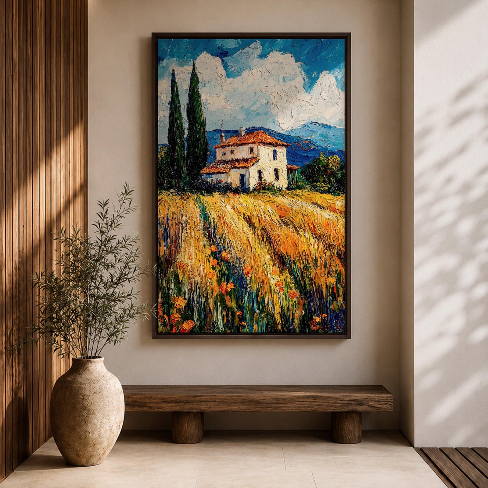 Tuscan Farmhouse Wall Art Italian Countryside Framed Canvas Wheat Field Impasto Rustic Decor