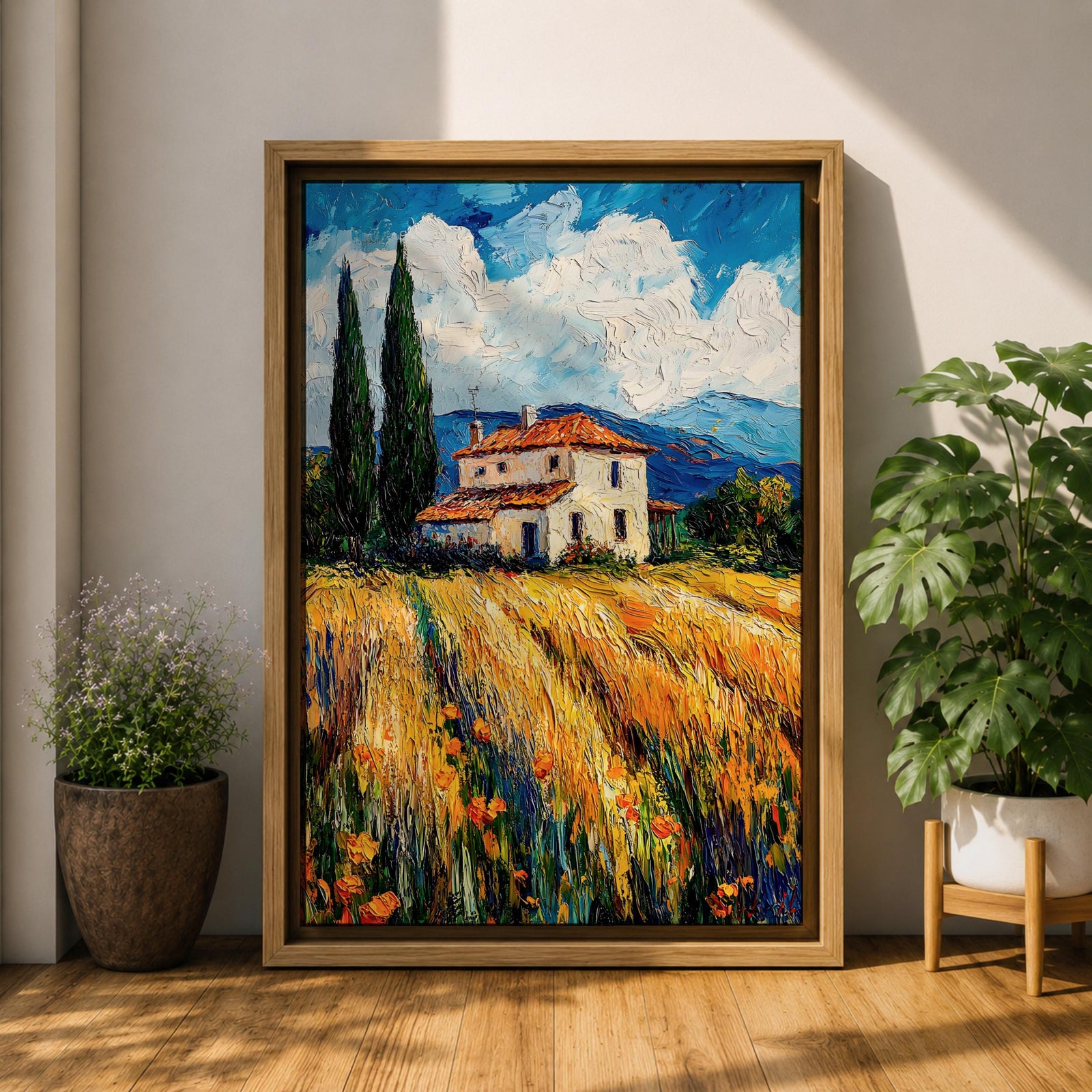 Tuscan Farmhouse Wall Art Italian Countryside Framed Canvas Wheat Field Impasto Rustic Decor
