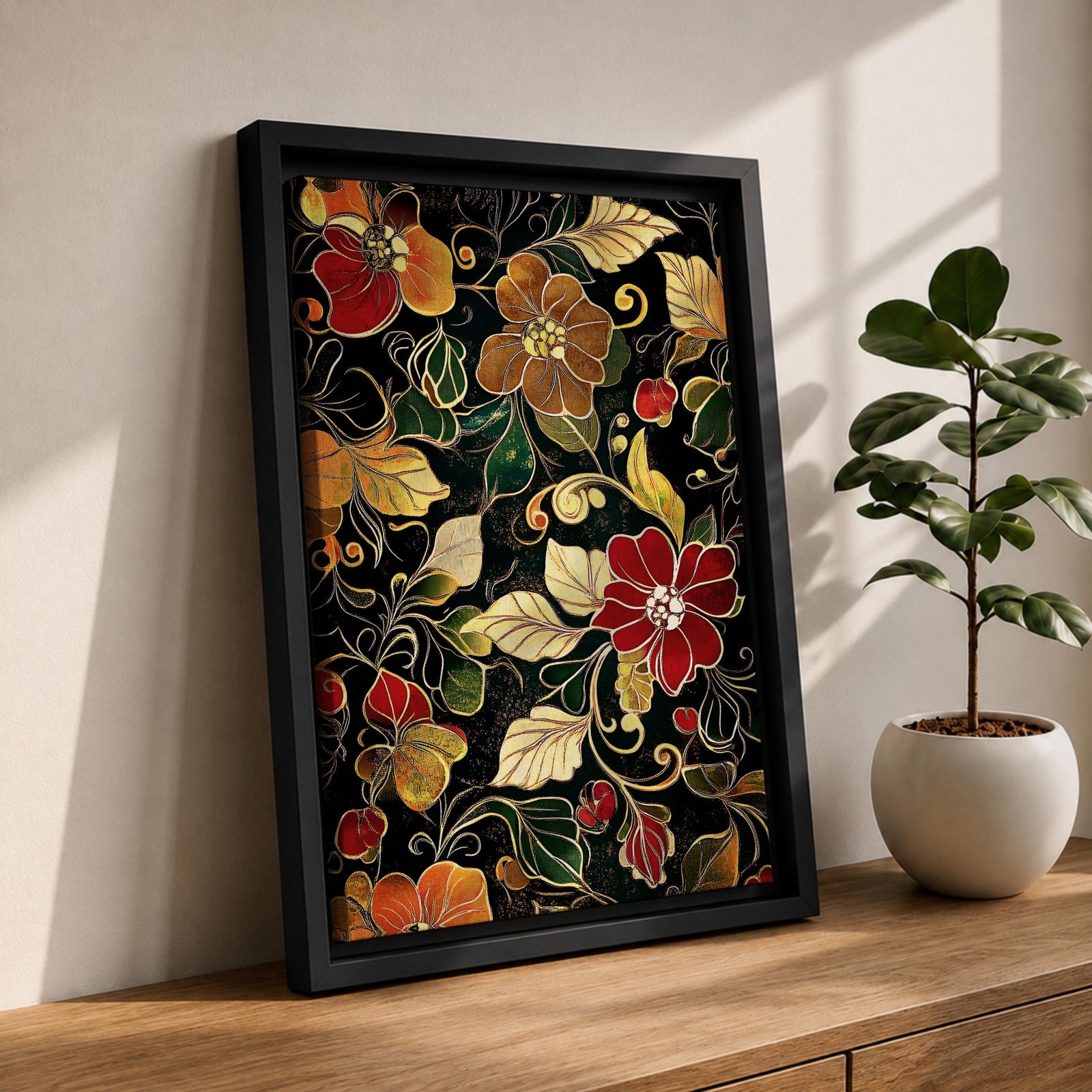 Floral Wall Art Botanical Pattern Framed Canvas Vintage Bloom Decorative Home Decor